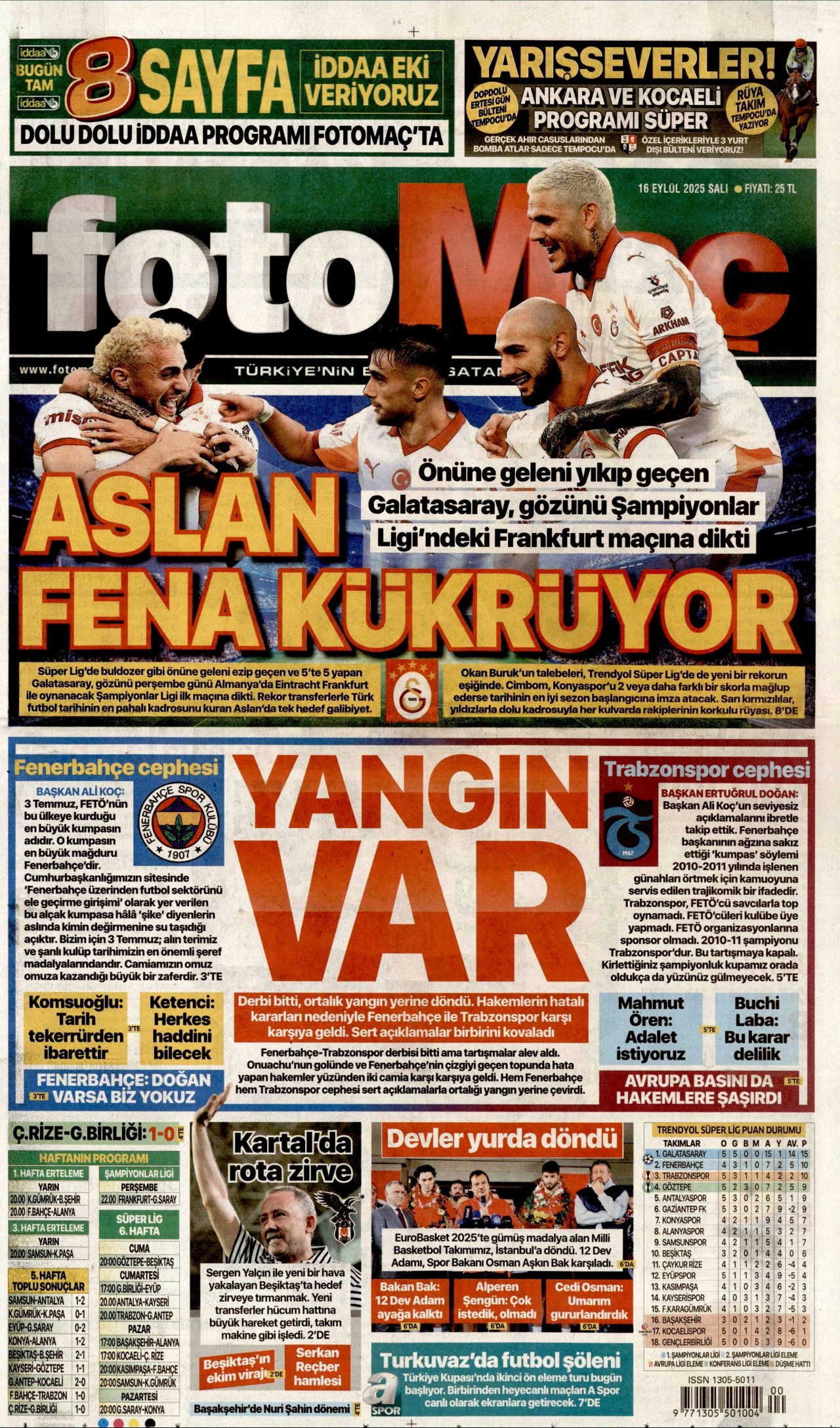 FOTOMAÇ gazetesinin 16 Eylül 2025 tarihli birinci sayfası