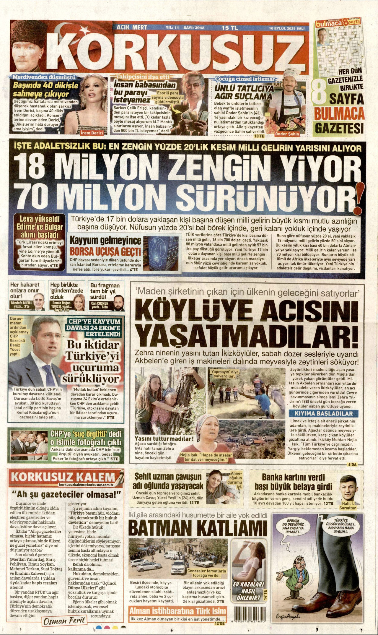 KORKUSUZ gazetesinin 16 Eylül 2025 tarihli birinci sayfası