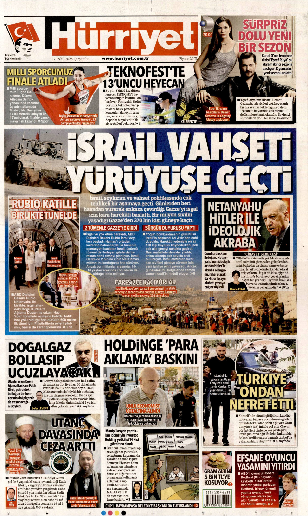 HÜRRİYET gazetesinin 17 Eylül 2025 tarihli birinci sayfası