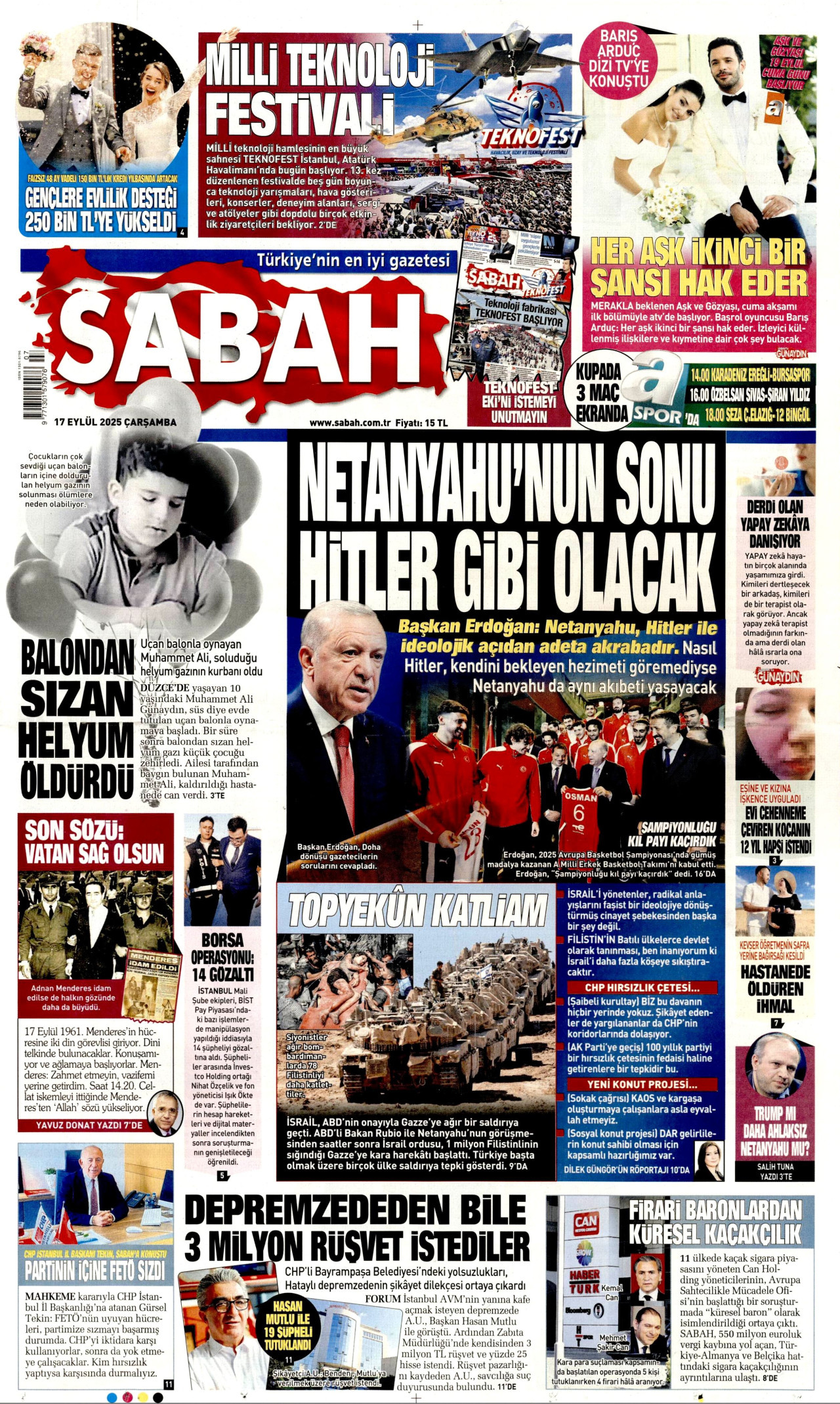 SABAH gazetesinin 17 Eylül 2025 tarihli birinci sayfası