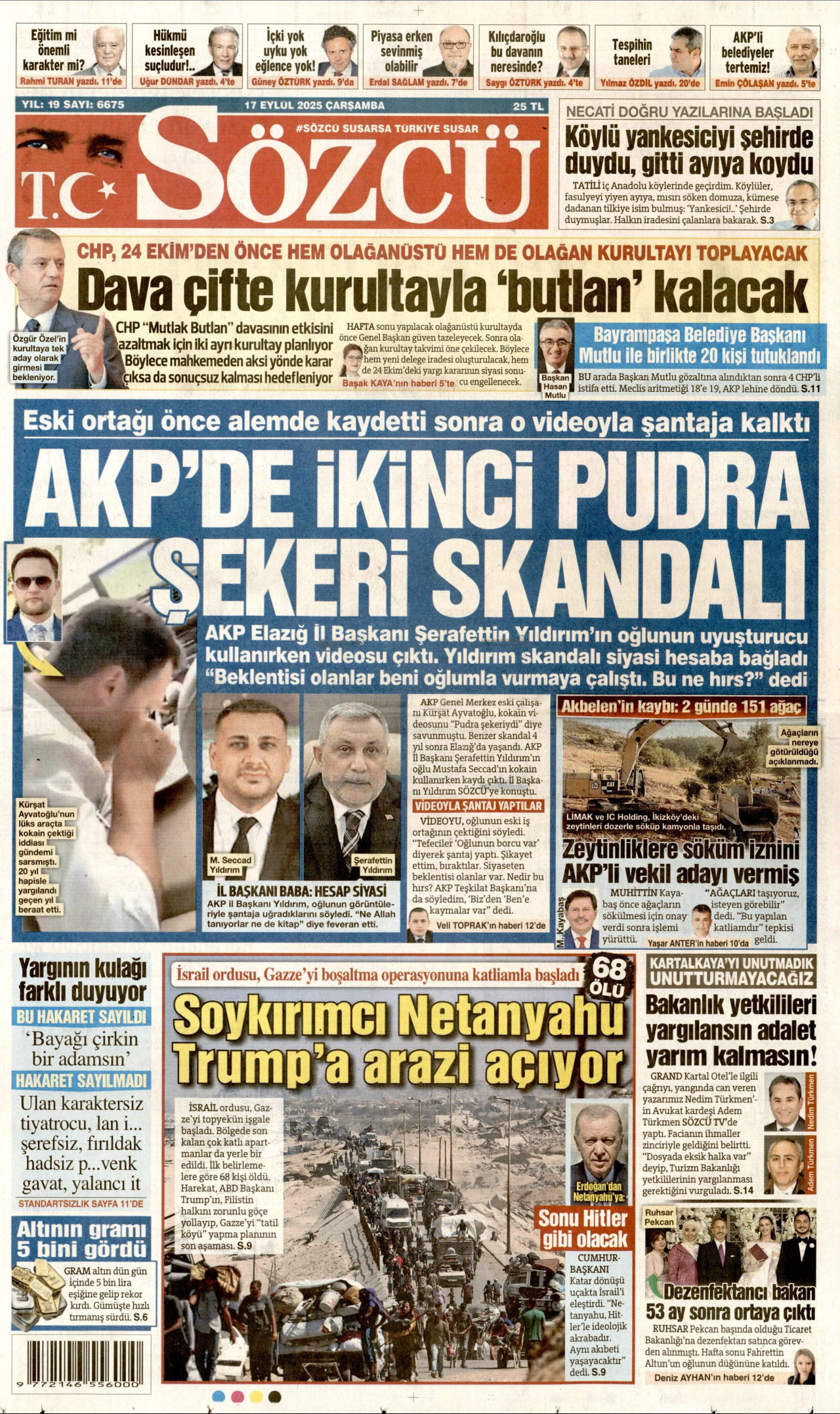 SÖZCÜ gazetesinin 17 Eylül 2025 tarihli birinci sayfası