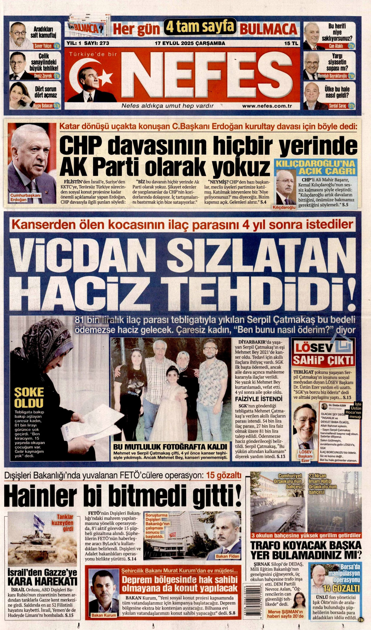NEFES gazetesinin 17 Eylül 2025 tarihli birinci sayfası