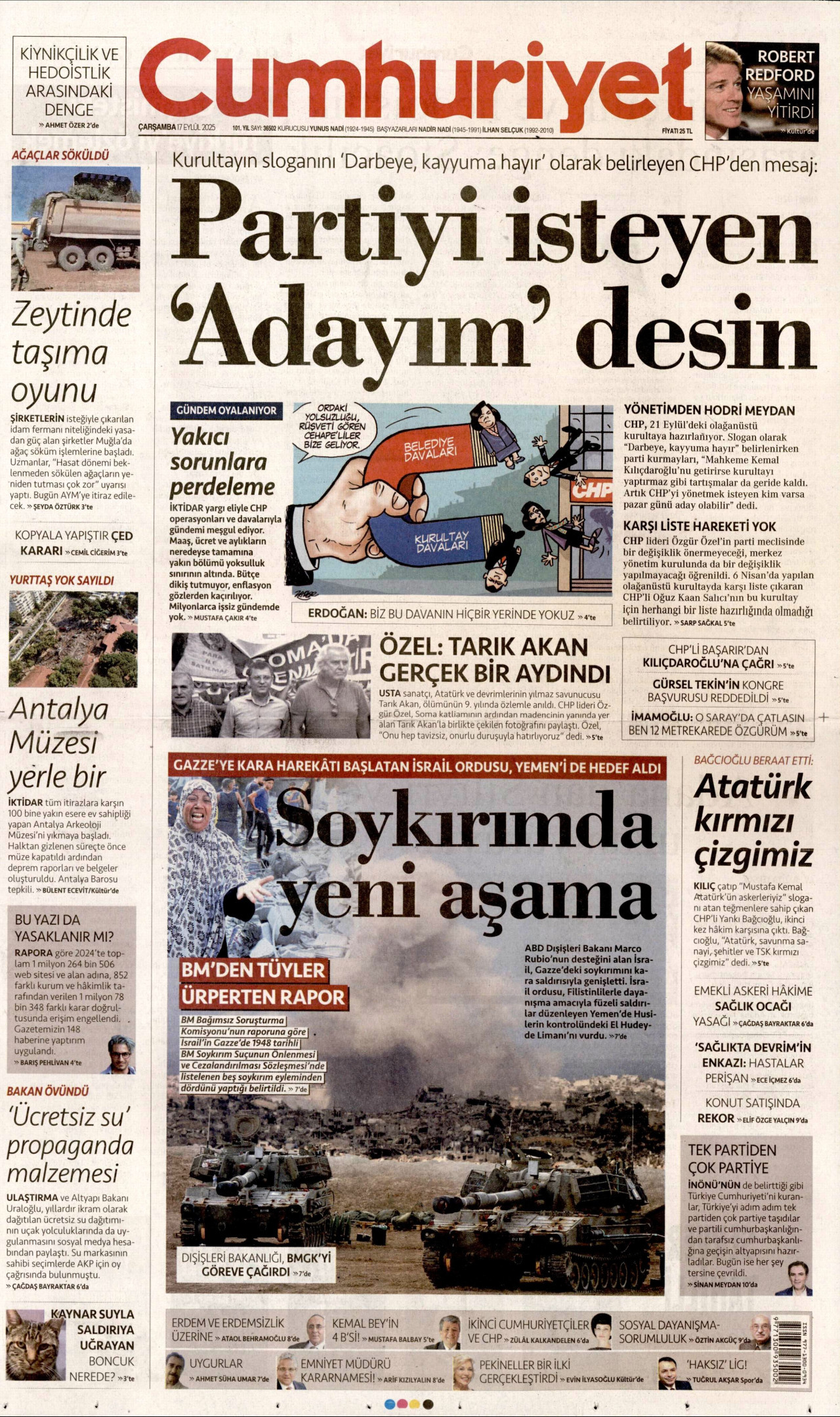 CUMHURİYET gazetesinin 17 Eylül 2025 tarihli birinci sayfası