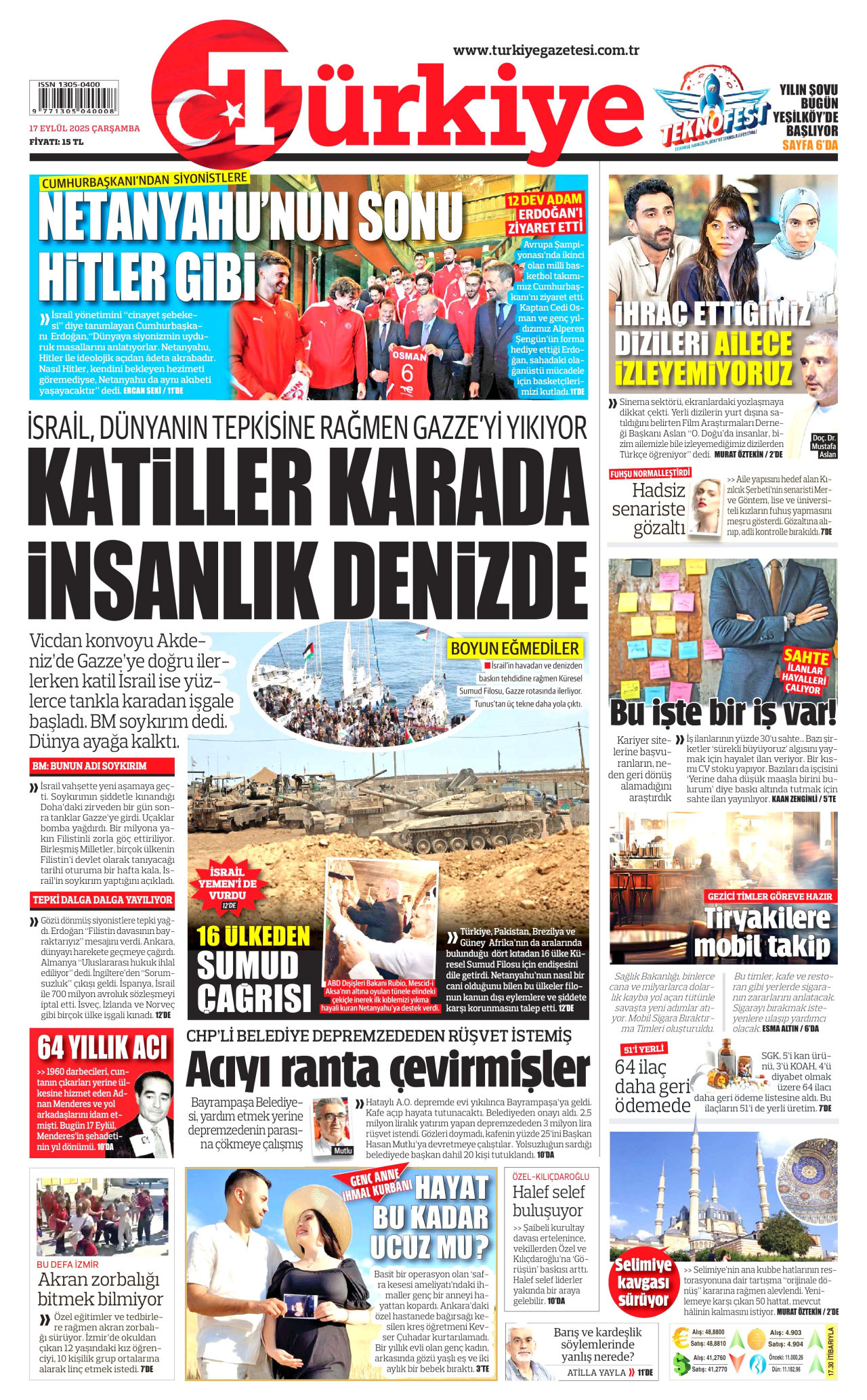 TÜRKİYE GAZETESİ gazetesinin 17 Eylül 2025 tarihli birinci sayfası