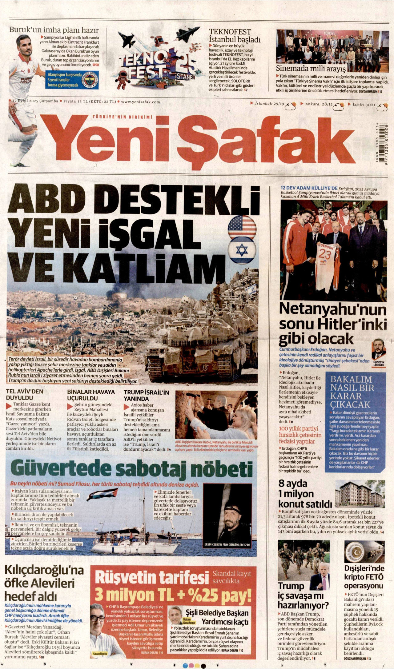 YENİ ŞAFAK gazetesinin 17 Eylül 2025 tarihli birinci sayfası