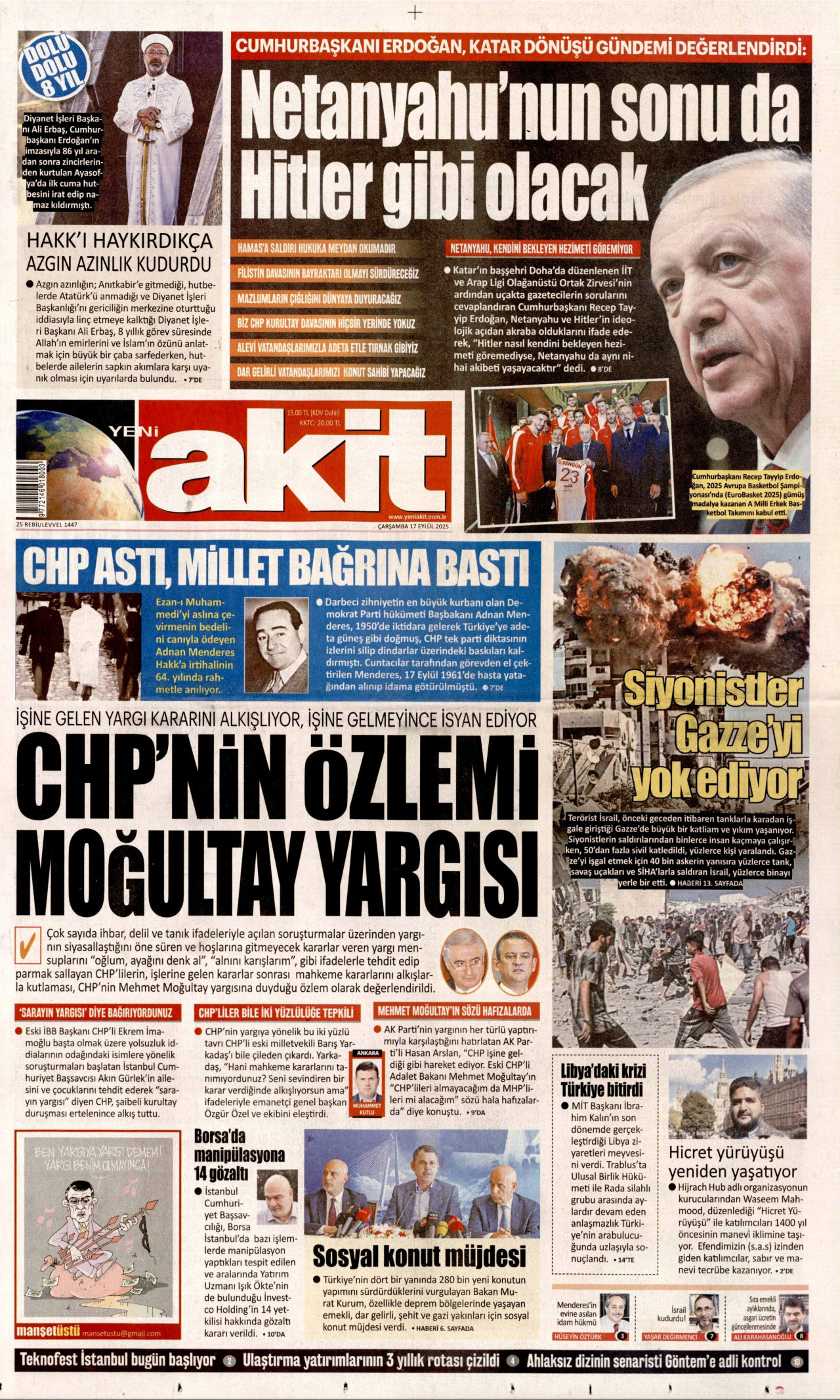 YENİ AKİT gazetesinin 17 Eylül 2025 tarihli birinci sayfası