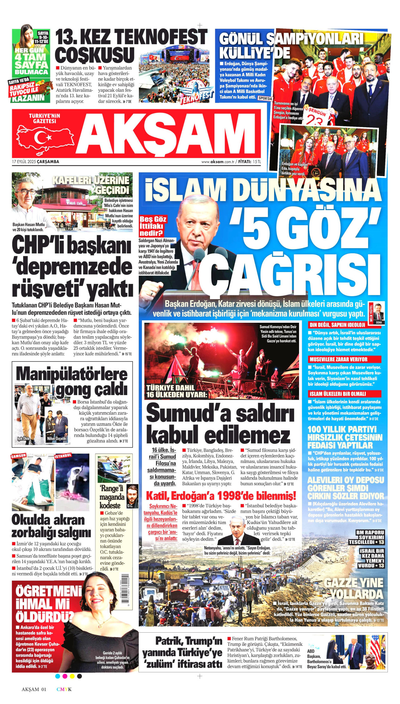 AKŞAM gazetesinin 17 Eylül 2025 tarihli birinci sayfası