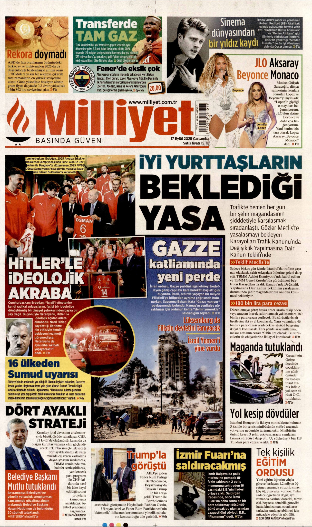 MİLLİYET gazetesinin 17 Eylül 2025 tarihli birinci sayfası