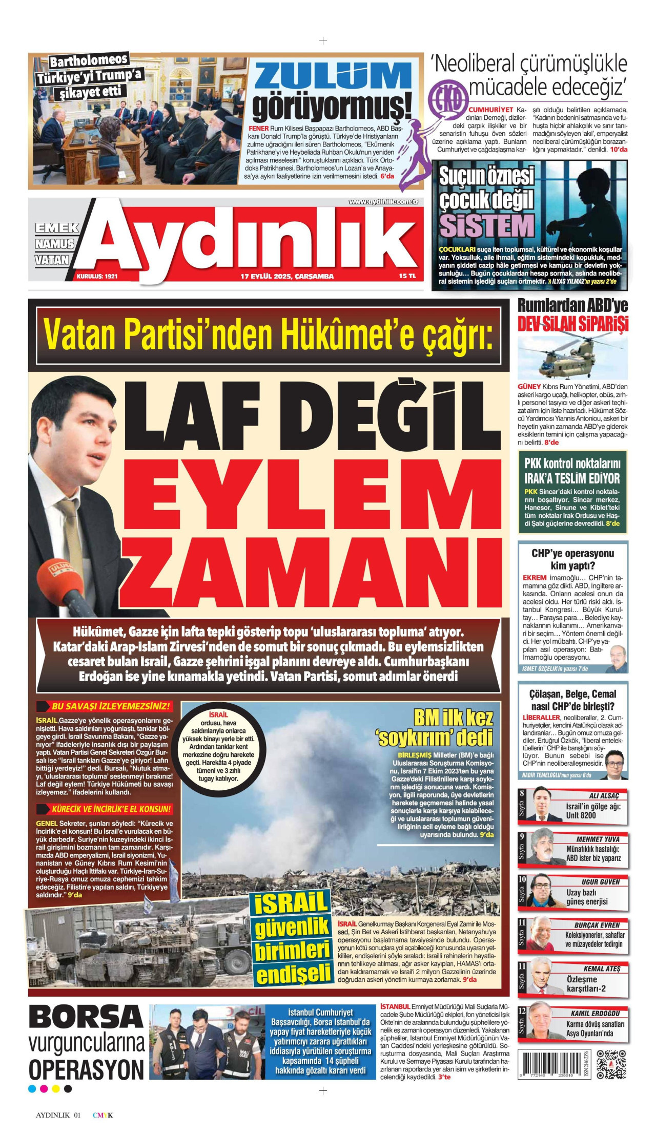 AYDINLIK GAZETESİ gazetesinin 17 Eylül 2025 tarihli birinci sayfası