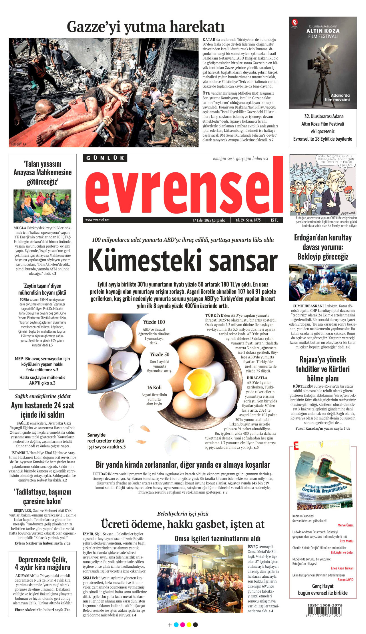 EVRENSEL gazetesinin 17 Eylül 2025 tarihli birinci sayfası
