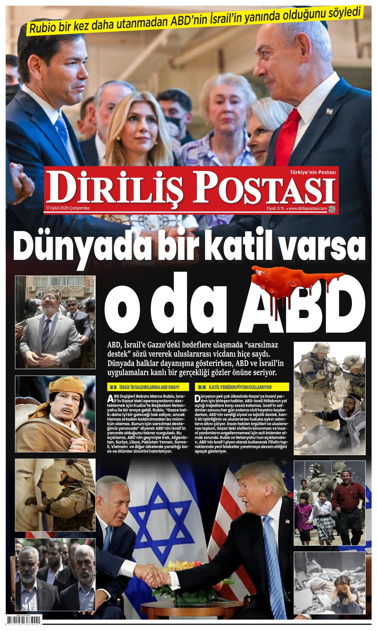 DİRİLİŞ POSTASI gazetesinin 17 Eylül 2025 tarihli birinci sayfası