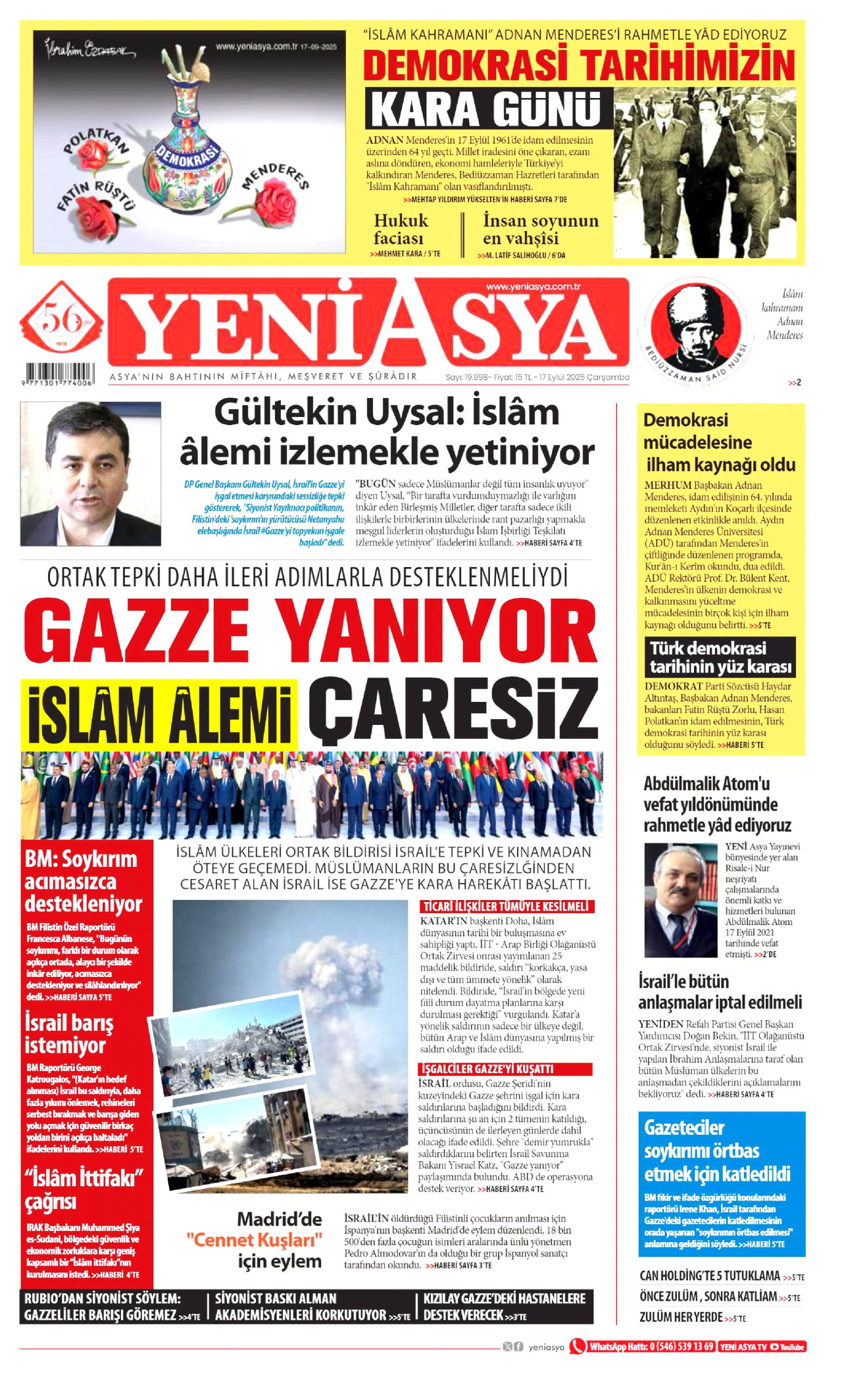 YENİ ASYA gazetesinin 17 Eylül 2025 tarihli birinci sayfası