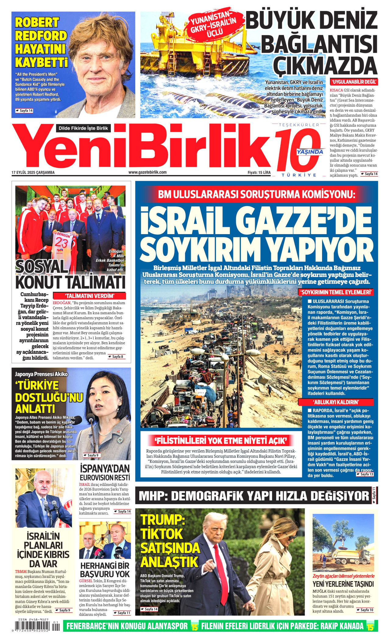 YENİBİRLİK gazetesinin 17 Eylül 2025 tarihli birinci sayfası