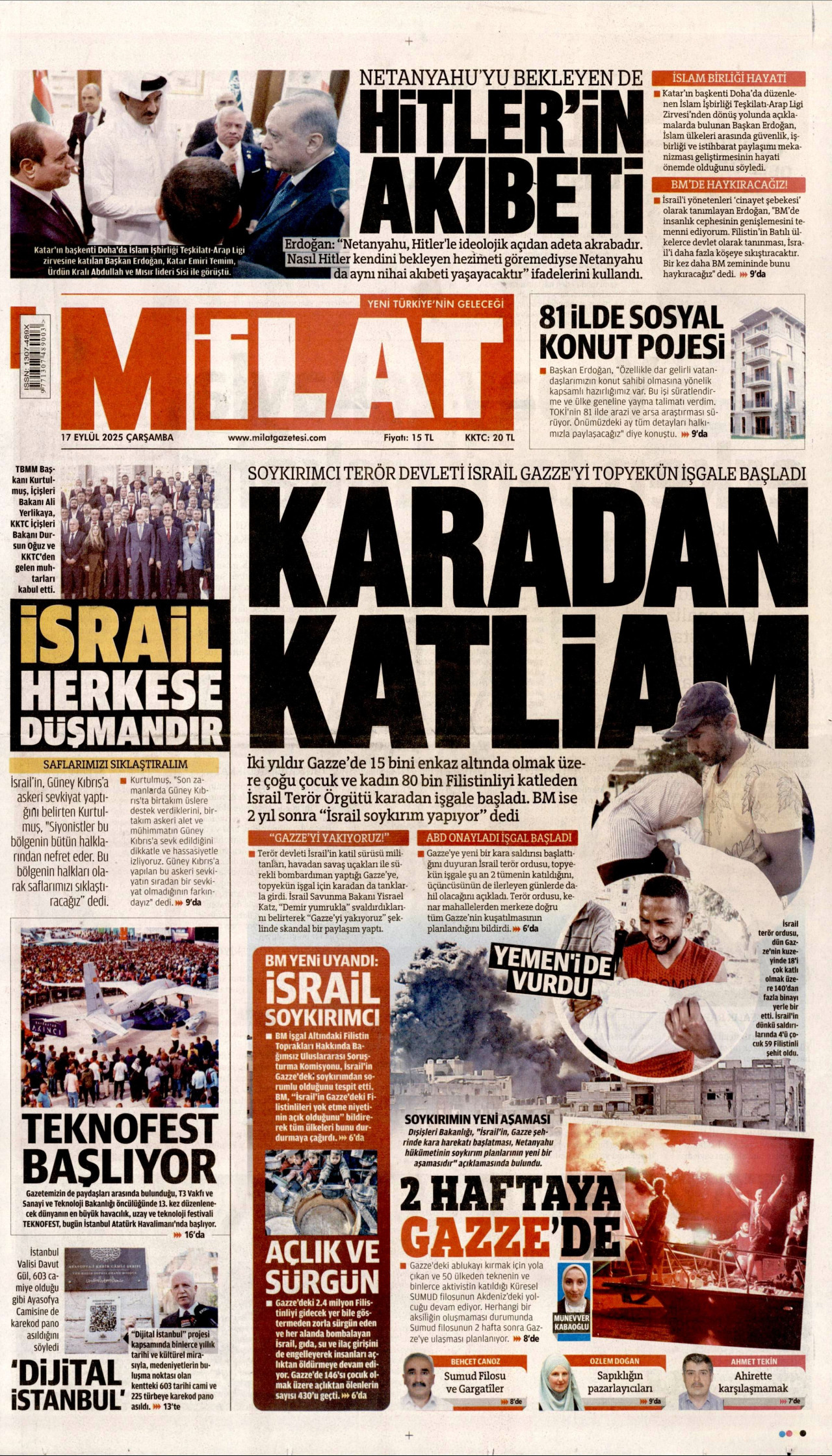 MİLAT gazetesinin 17 Eylül 2025 tarihli birinci sayfası