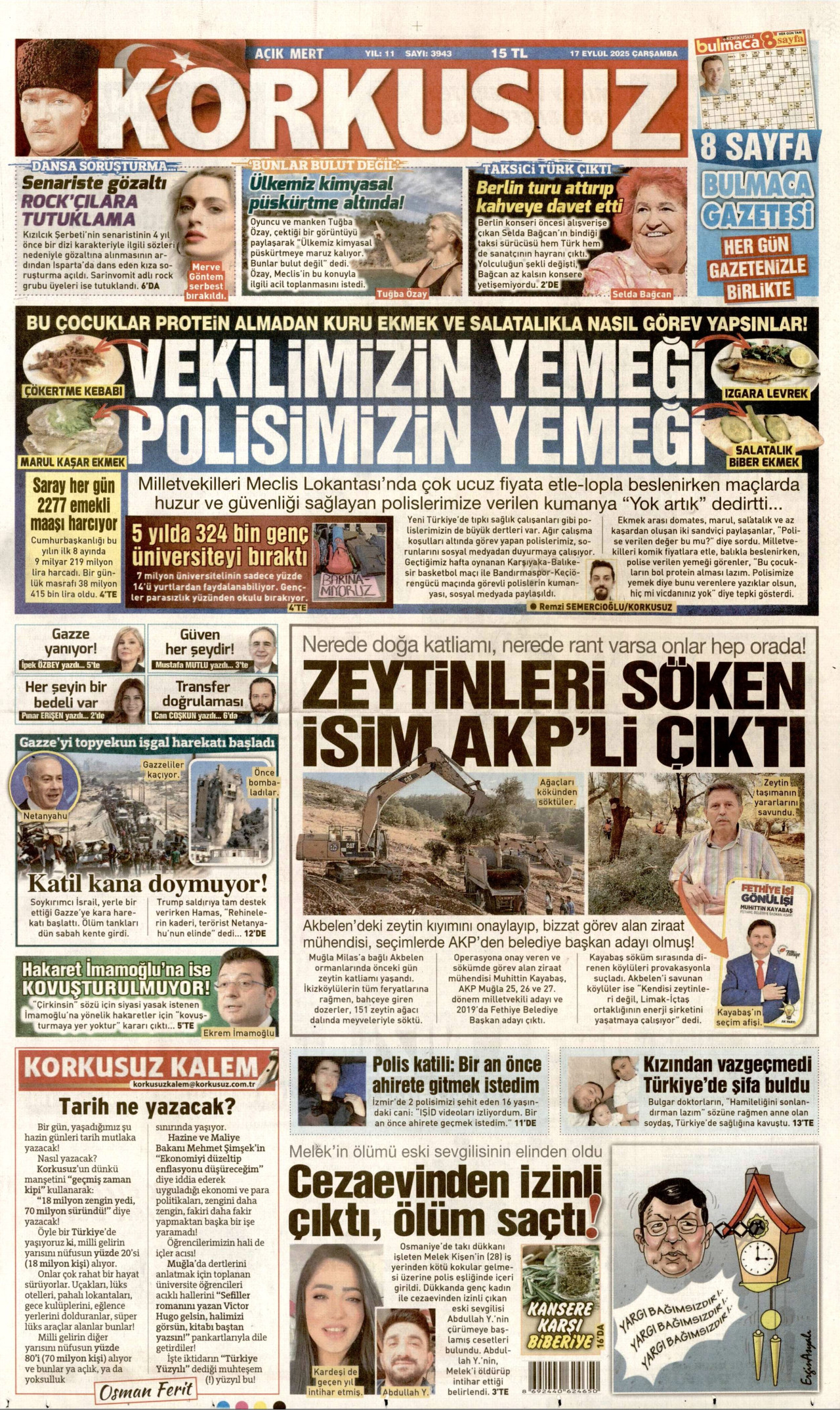 KORKUSUZ gazetesinin 17 Eylül 2025 tarihli birinci sayfası
