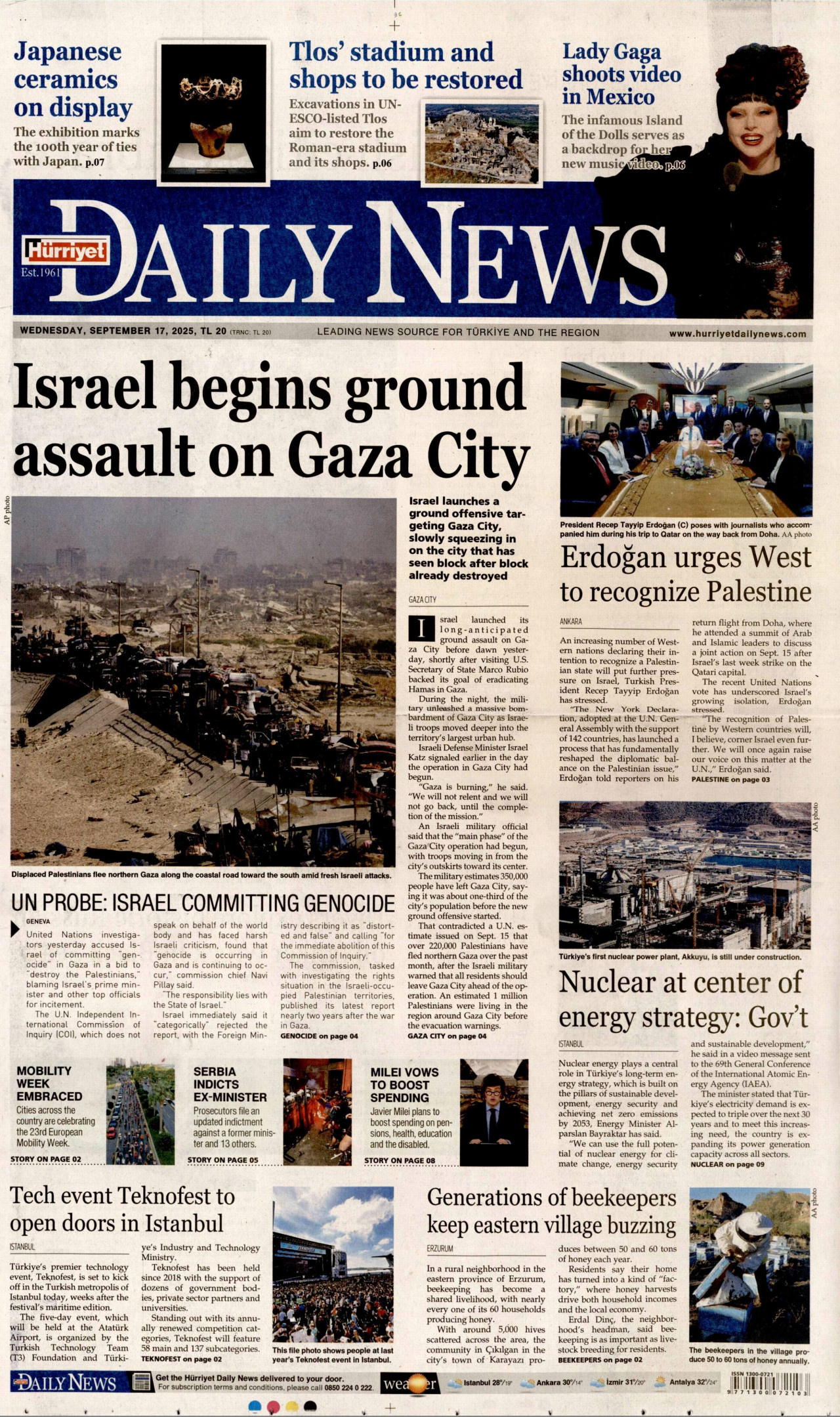 HÜRRİYET DAİLY NEWS gazetesinin 17 Eylül 2025 tarihli birinci sayfası
