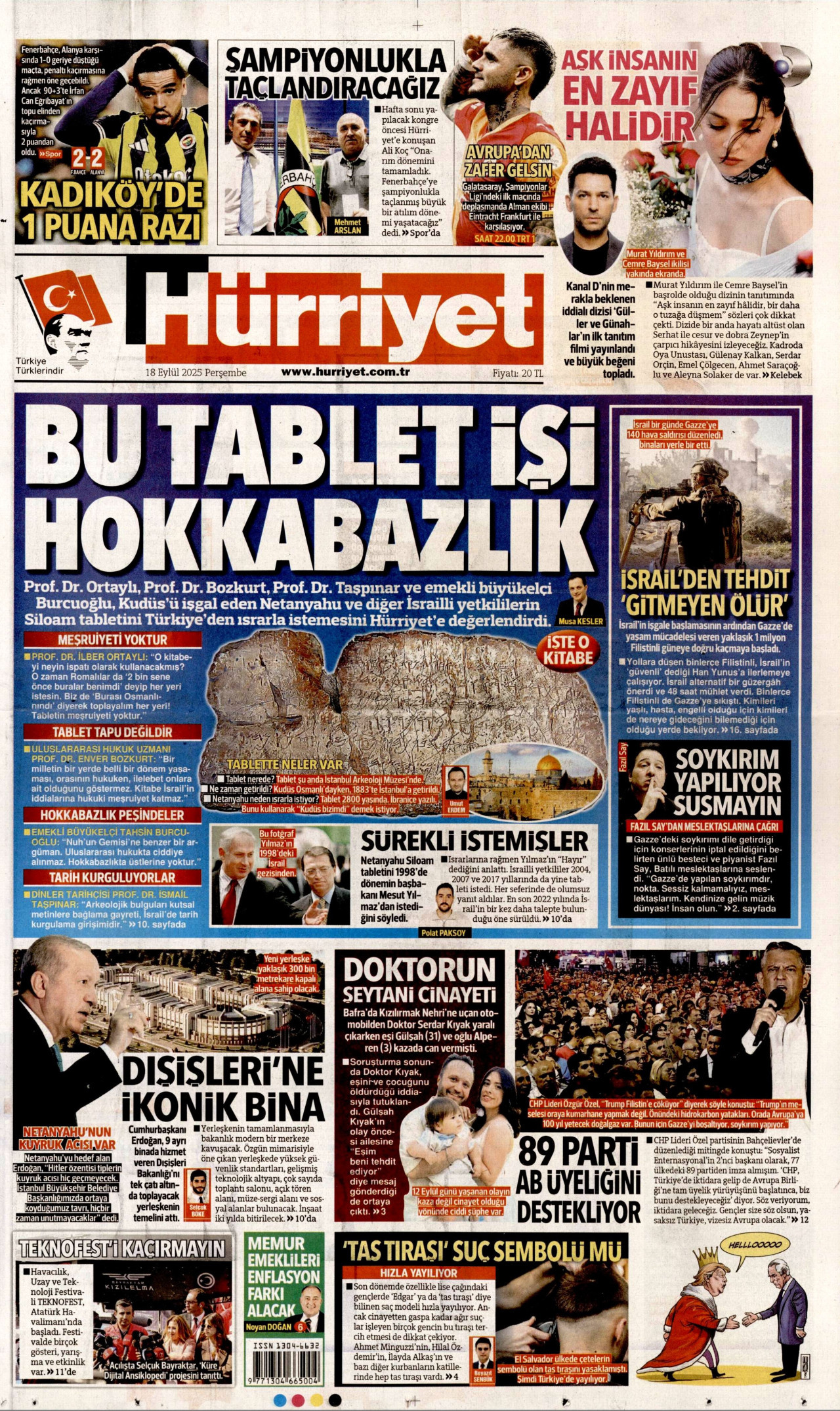 HÜRRİYET gazetesinin 18 Eylül 2025 tarihli birinci sayfası