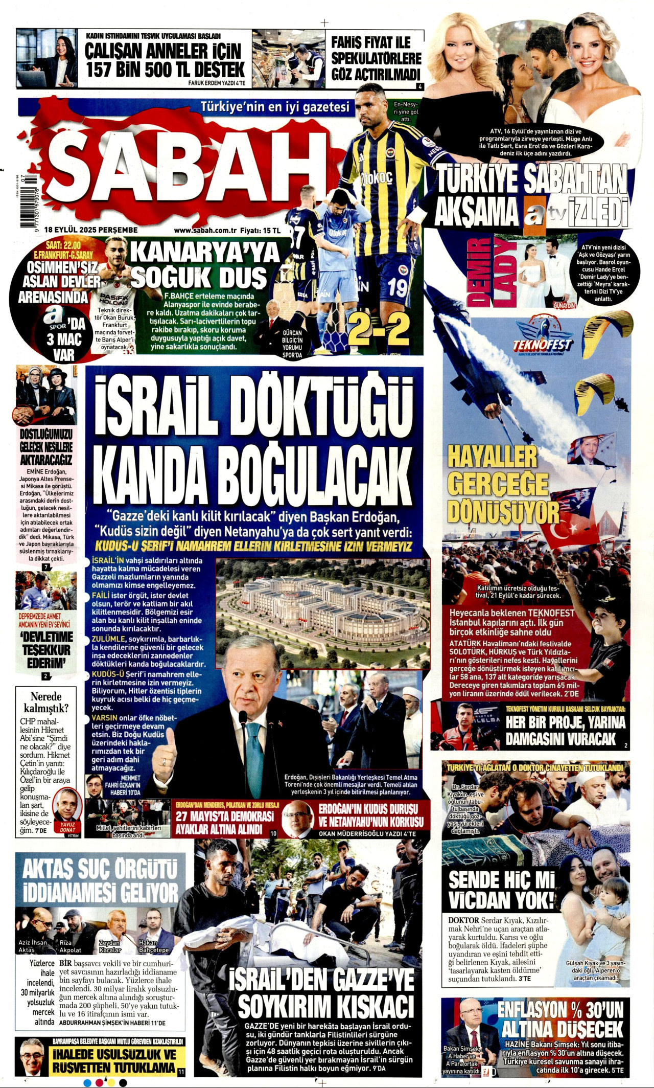SABAH gazetesinin 18 Eylül 2025 tarihli birinci sayfası