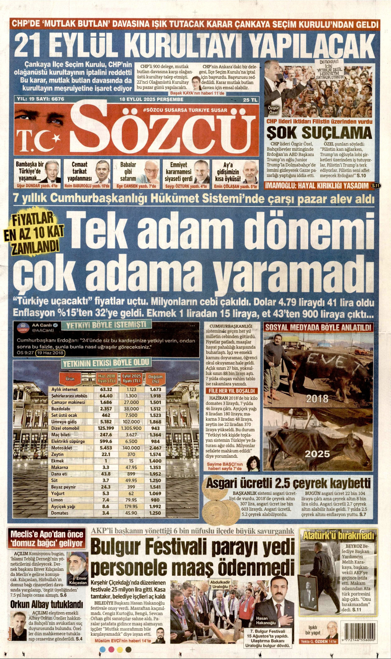 SÖZCÜ gazetesinin 18 Eylül 2025 tarihli birinci sayfası