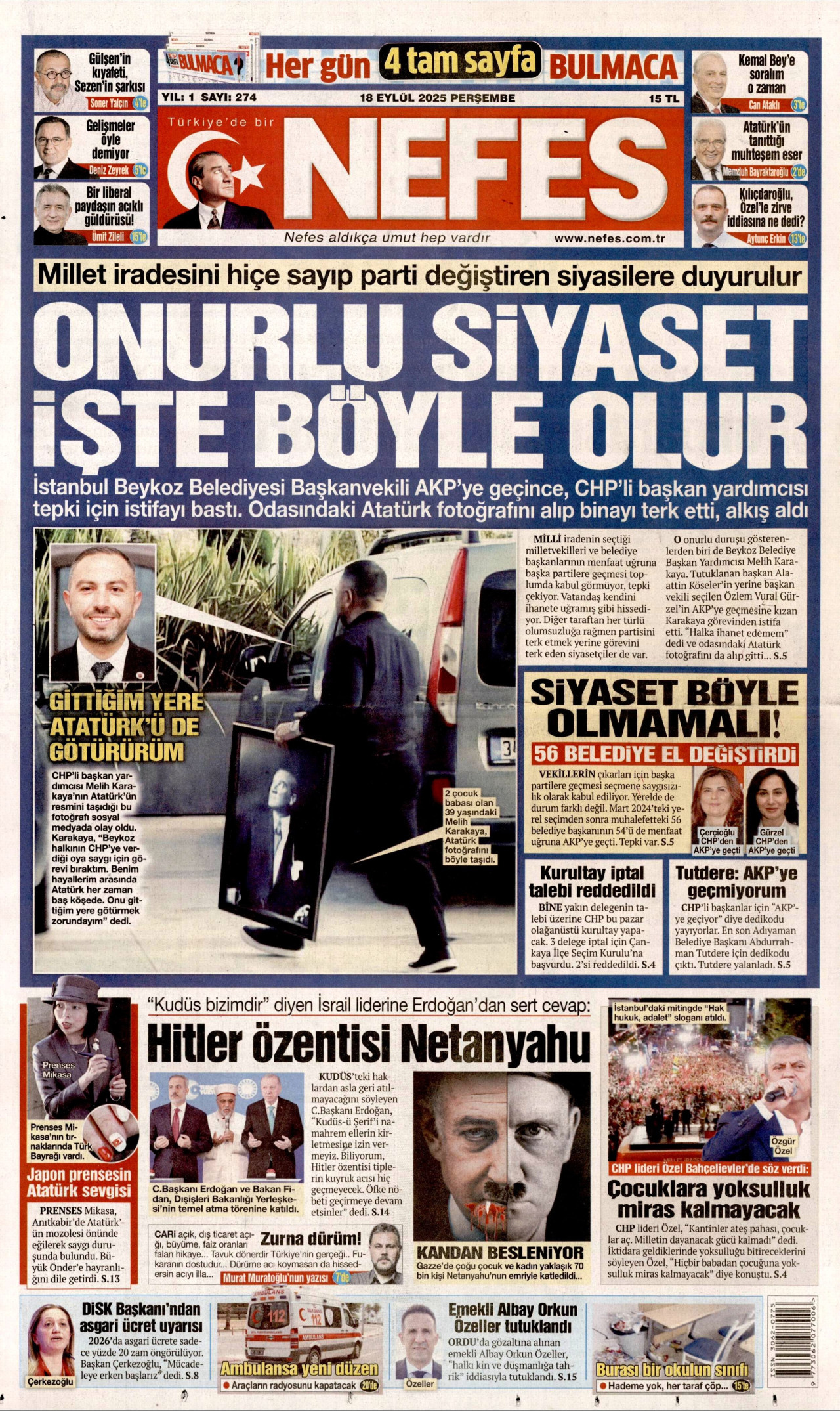 NEFES gazetesinin 18 Eylül 2025 tarihli birinci sayfası
