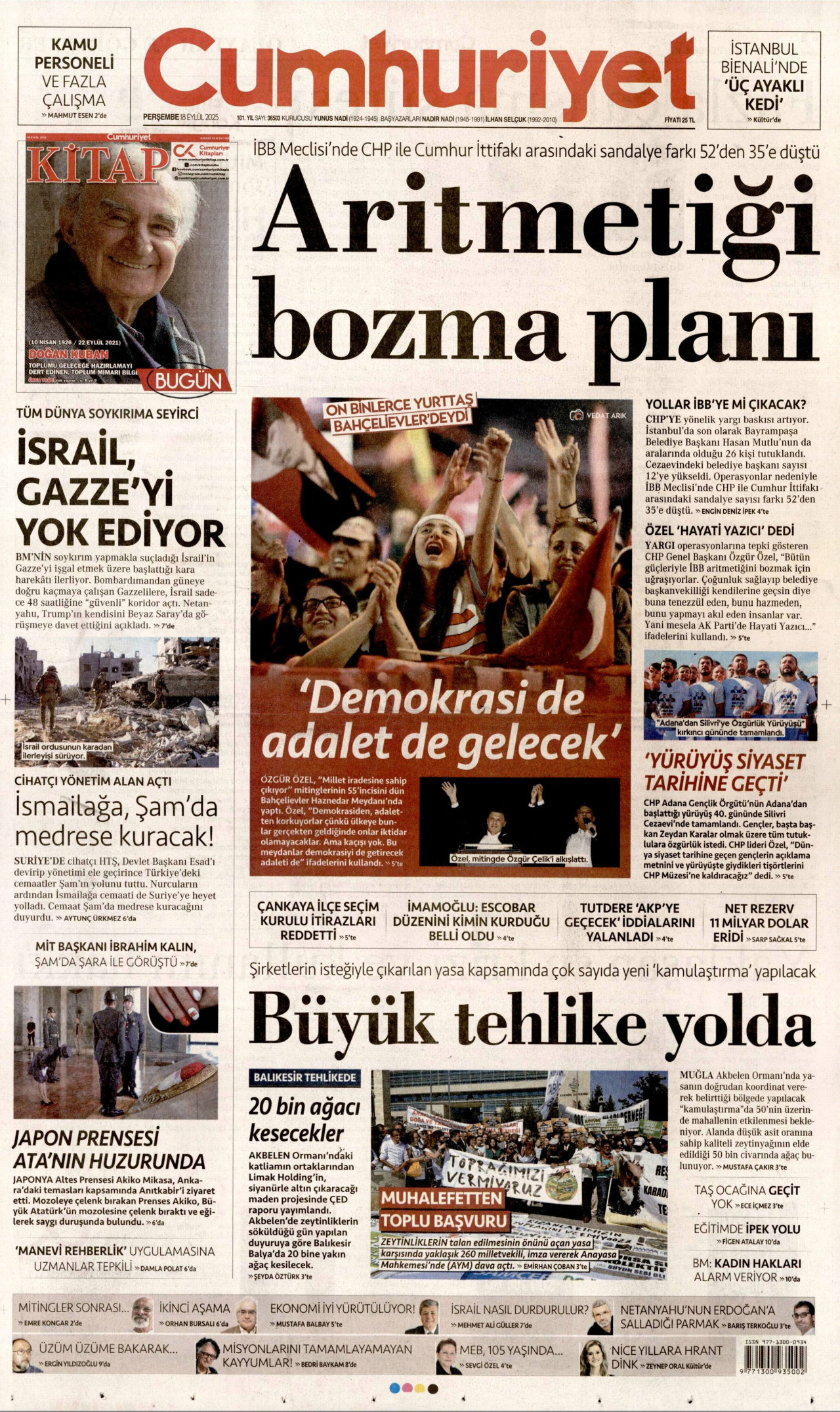 CUMHURİYET gazetesinin 18 Eylül 2025 tarihli birinci sayfası