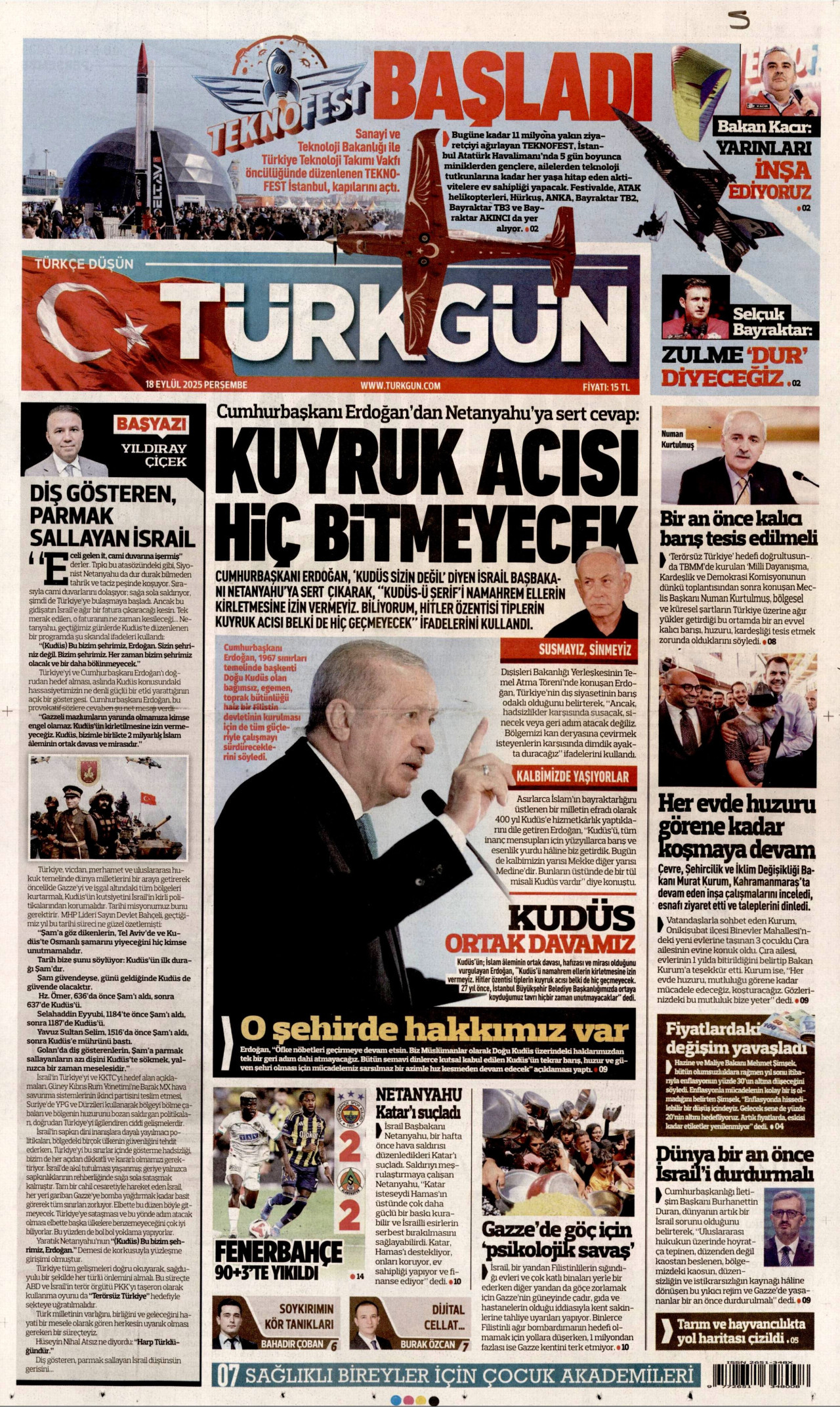 TÜRKGÜN gazetesinin 18 Eylül 2025 tarihli birinci sayfası