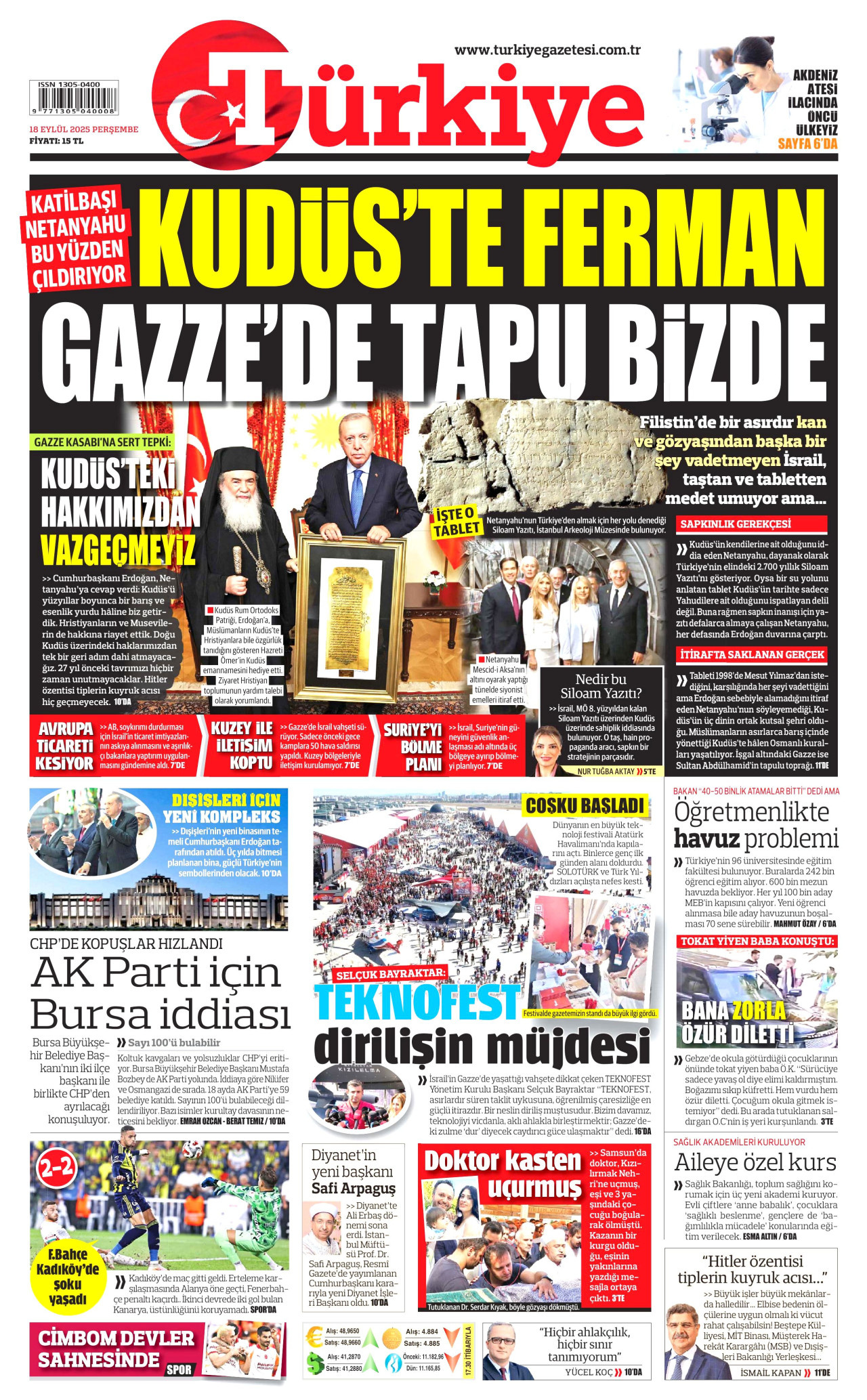 TÜRKİYE GAZETESİ gazetesinin 18 Eylül 2025 tarihli birinci sayfası