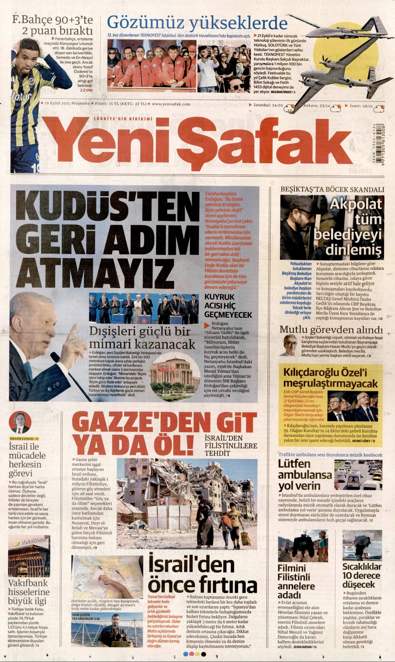 YENİ ŞAFAK gazetesinin 18 Eylül 2025 tarihli birinci sayfası