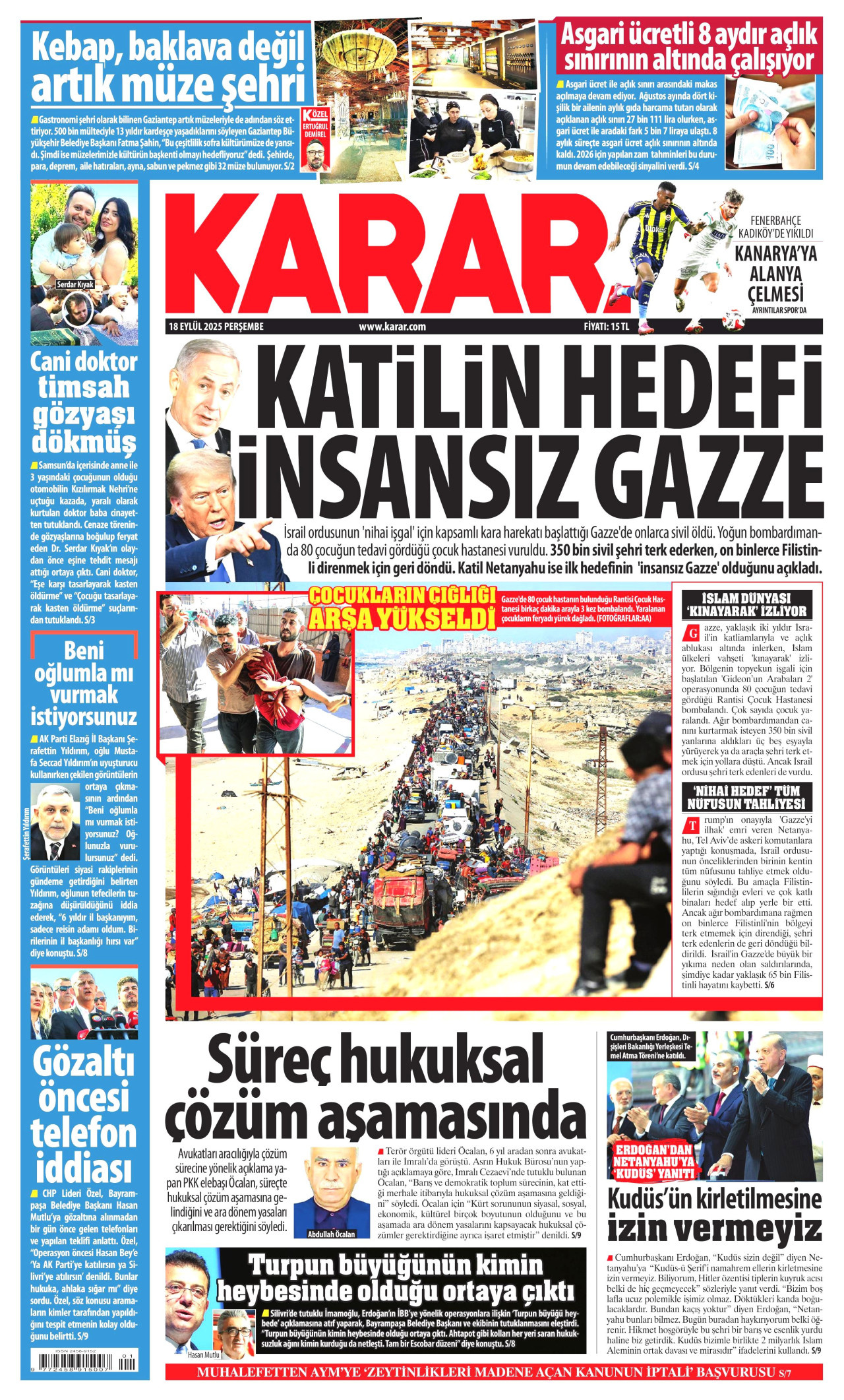 KARAR gazetesinin 18 Eylül 2025 tarihli birinci sayfası