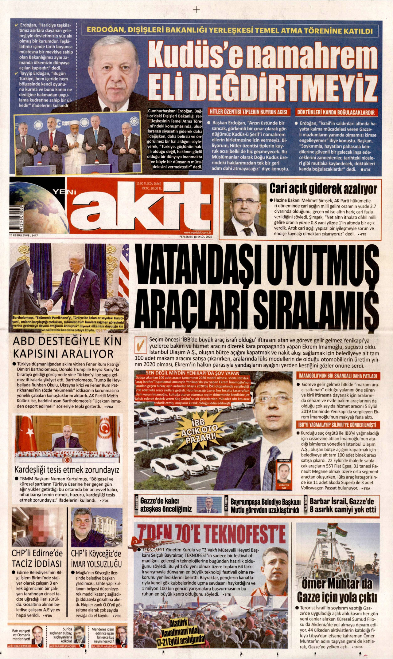YENİ AKİT gazetesinin 18 Eylül 2025 tarihli birinci sayfası