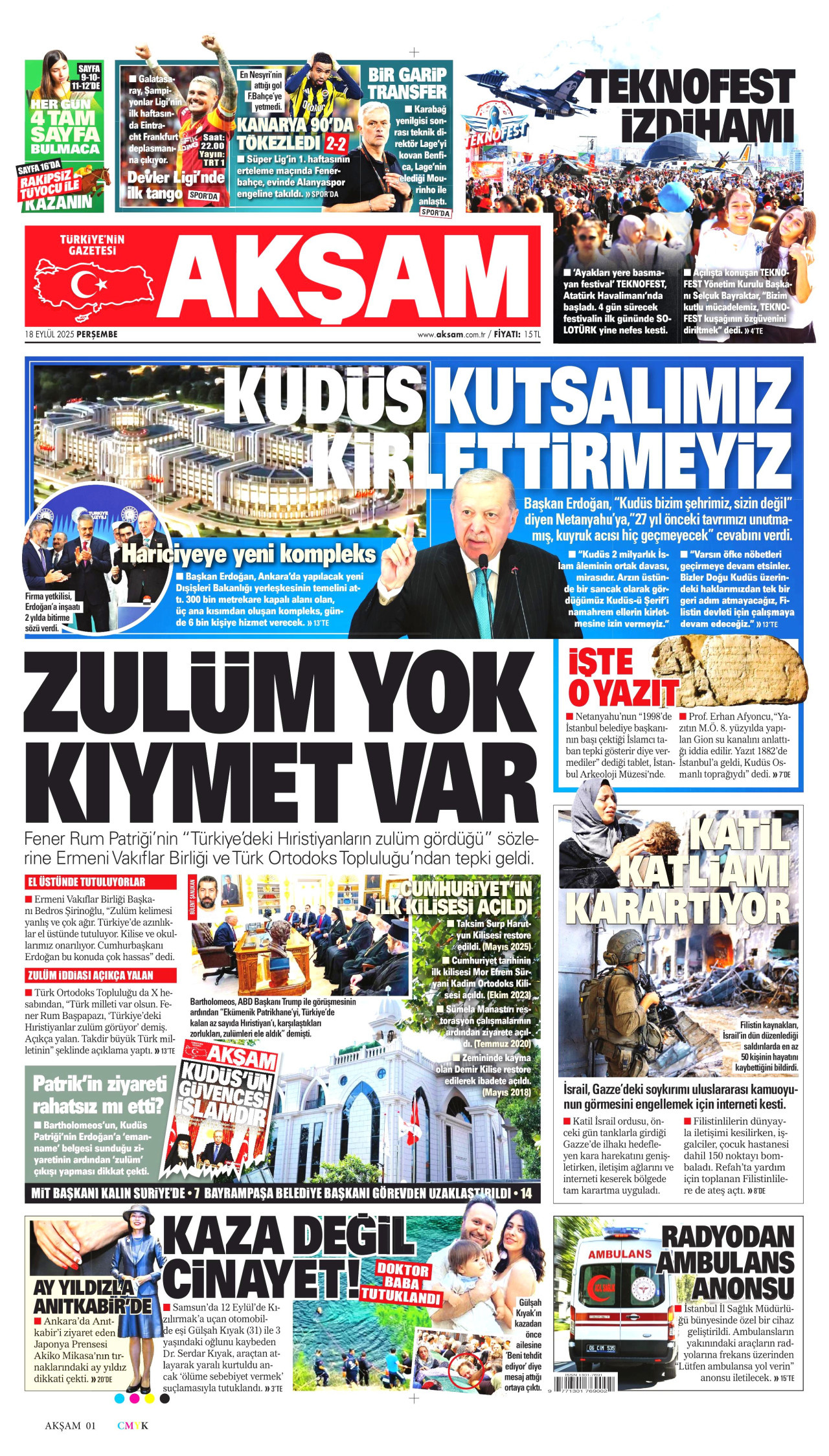 AKŞAM gazetesinin 18 Eylül 2025 tarihli birinci sayfası