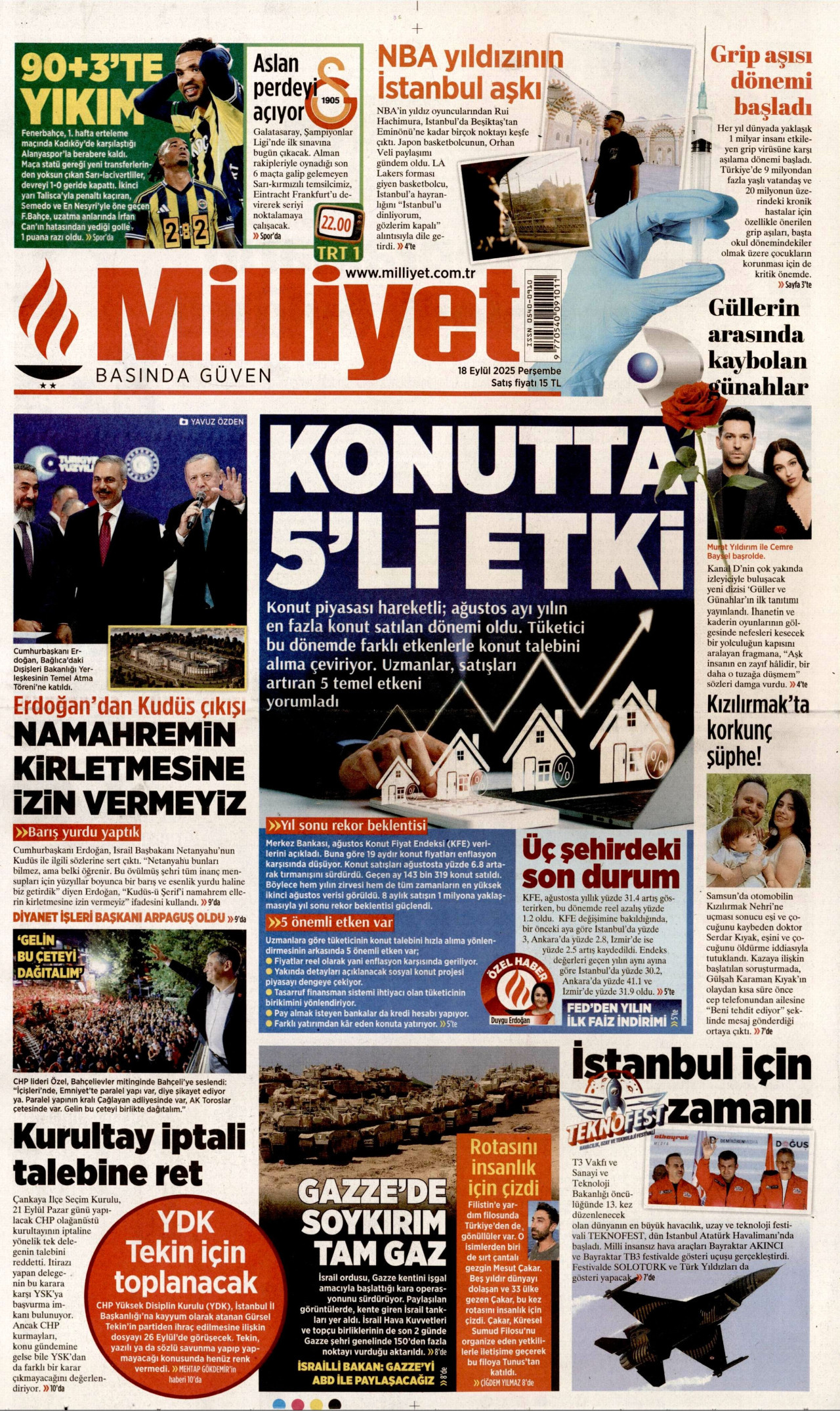 MİLLİYET gazetesinin 18 Eylül 2025 tarihli birinci sayfası