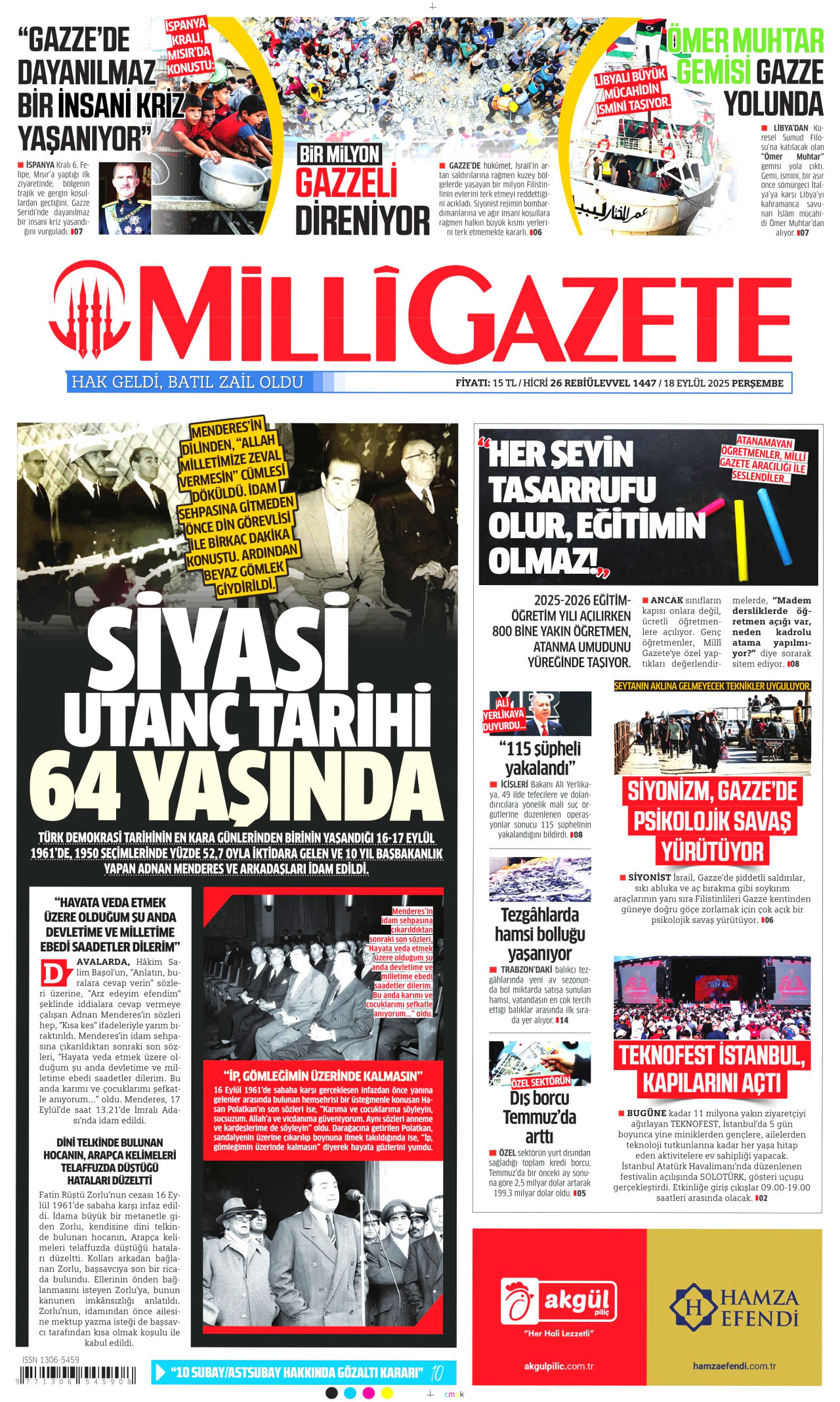 MİLLİ GAZETE gazetesinin 18 Eylül 2025 tarihli birinci sayfası
