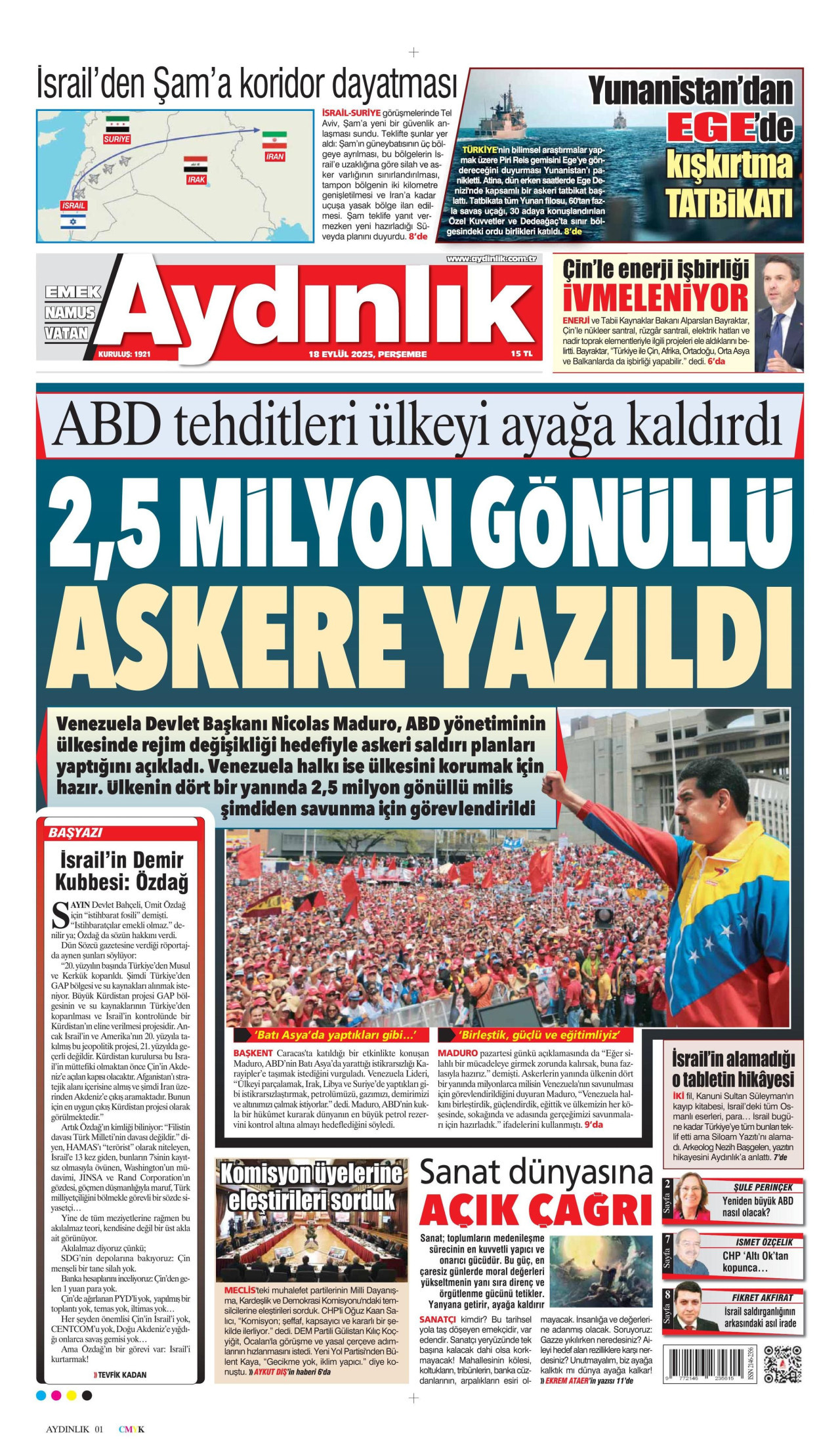 AYDINLIK GAZETESİ gazetesinin 18 Eylül 2025 tarihli birinci sayfası