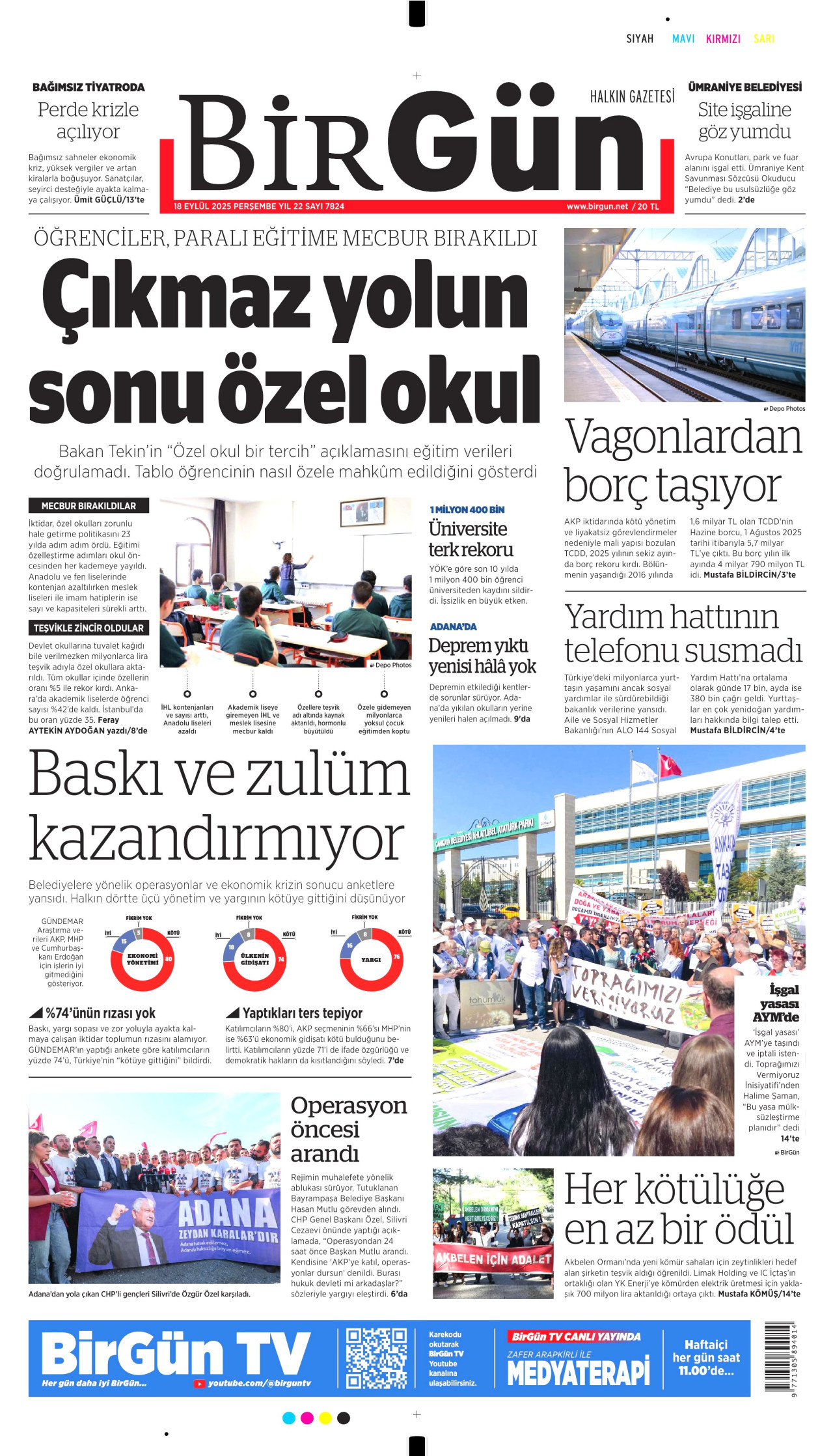 BİRGÜN gazetesinin 18 Eylül 2025 tarihli birinci sayfası