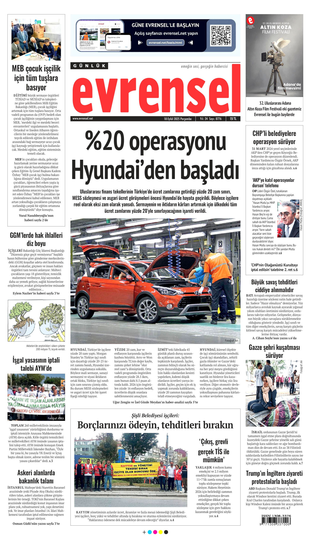 EVRENSEL gazetesinin 18 Eylül 2025 tarihli birinci sayfası