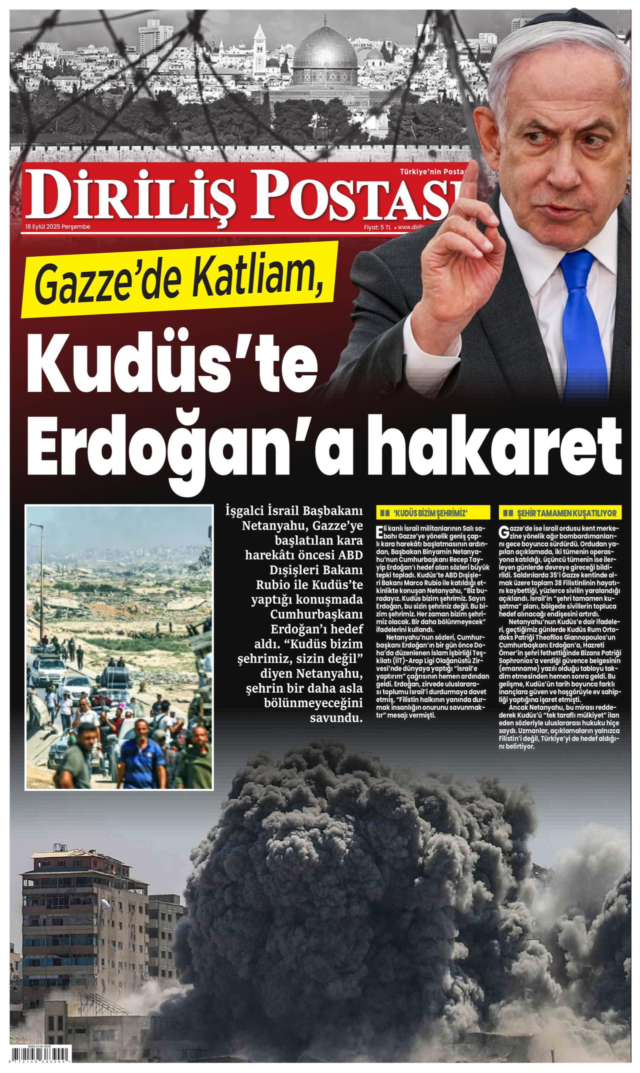 DİRİLİŞ POSTASI gazetesinin 18 Eylül 2025 tarihli birinci sayfası