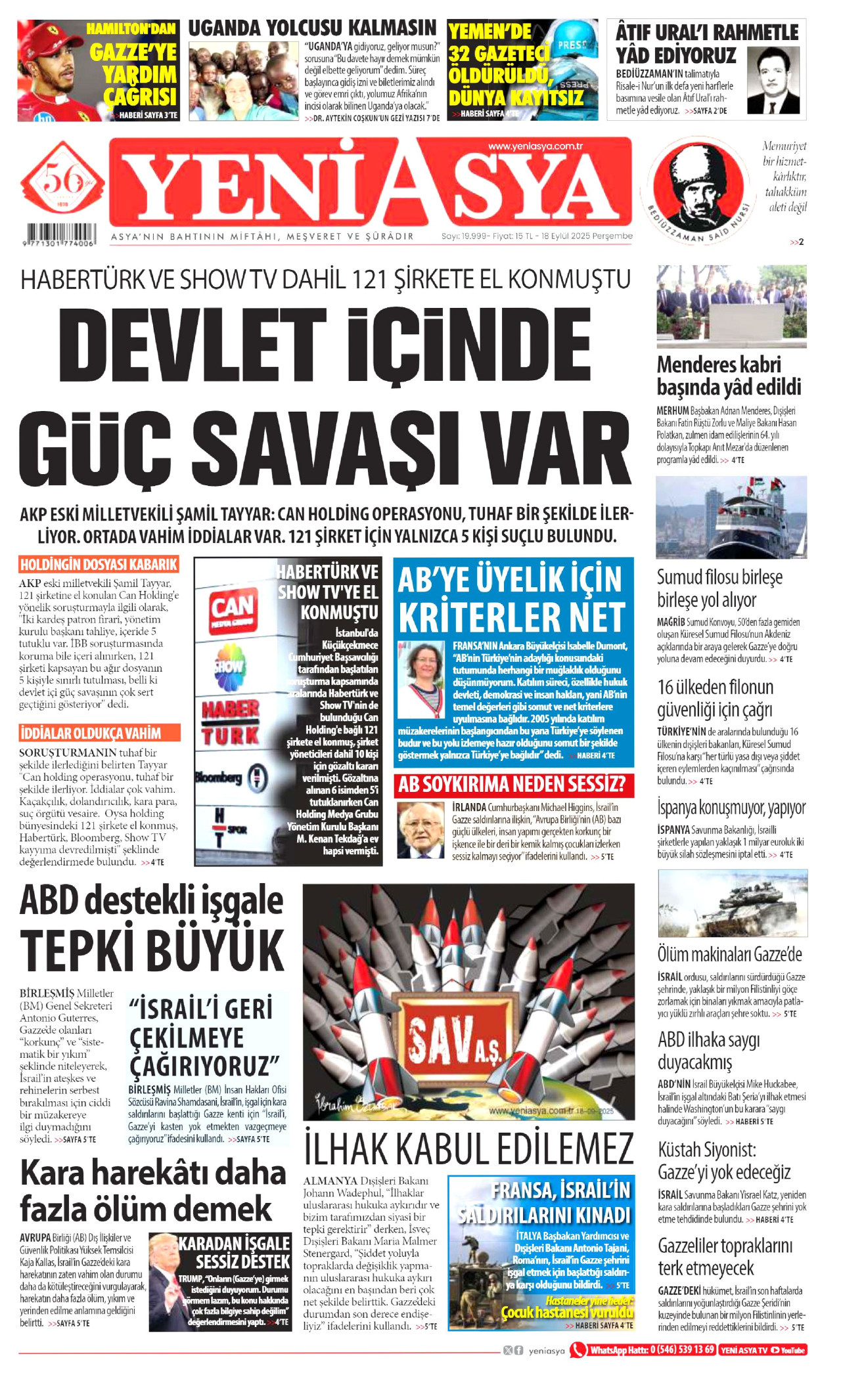 YENİ ASYA gazetesinin 18 Eylül 2025 tarihli birinci sayfası