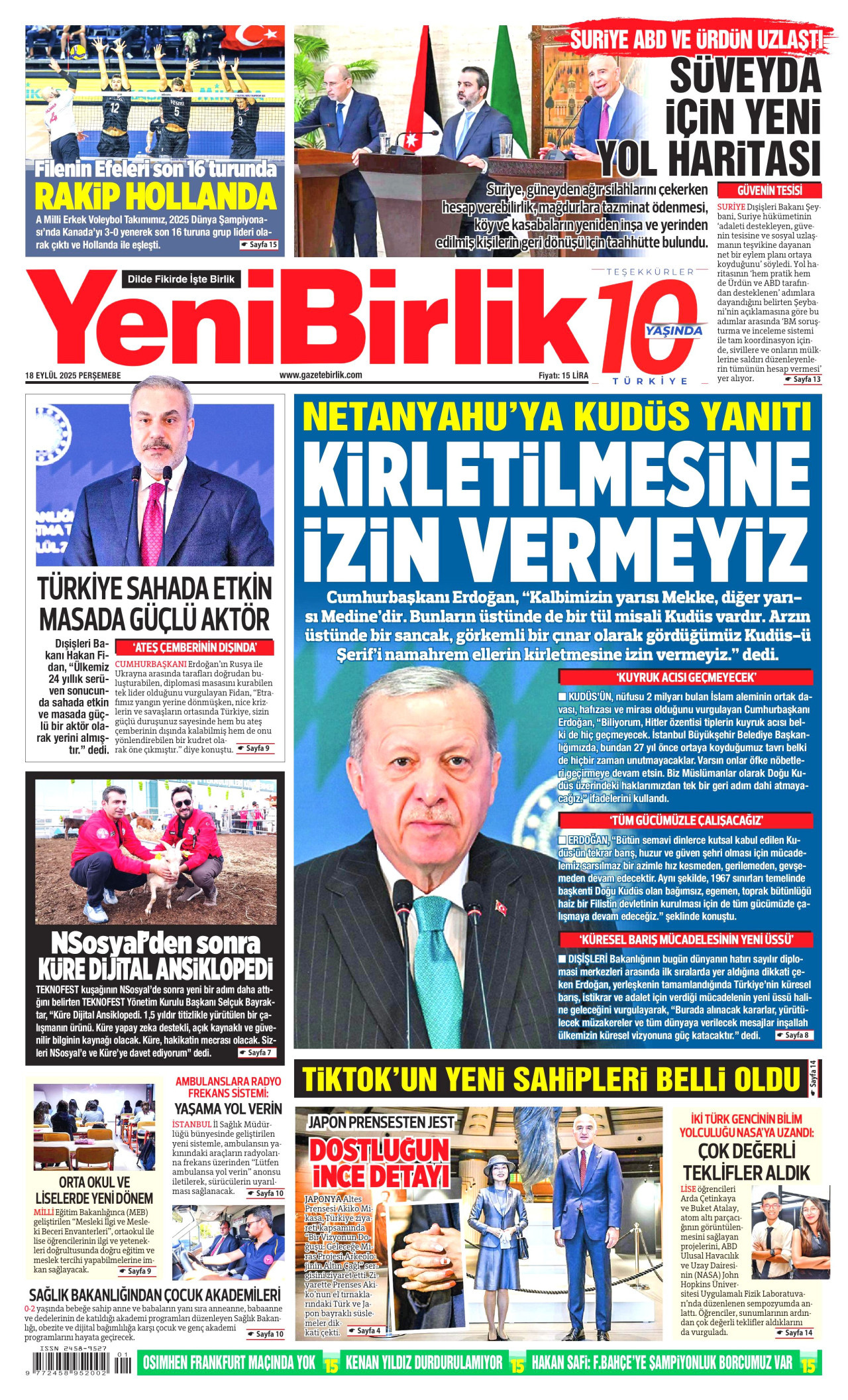 YENİBİRLİK gazetesinin 18 Eylül 2025 tarihli birinci sayfası