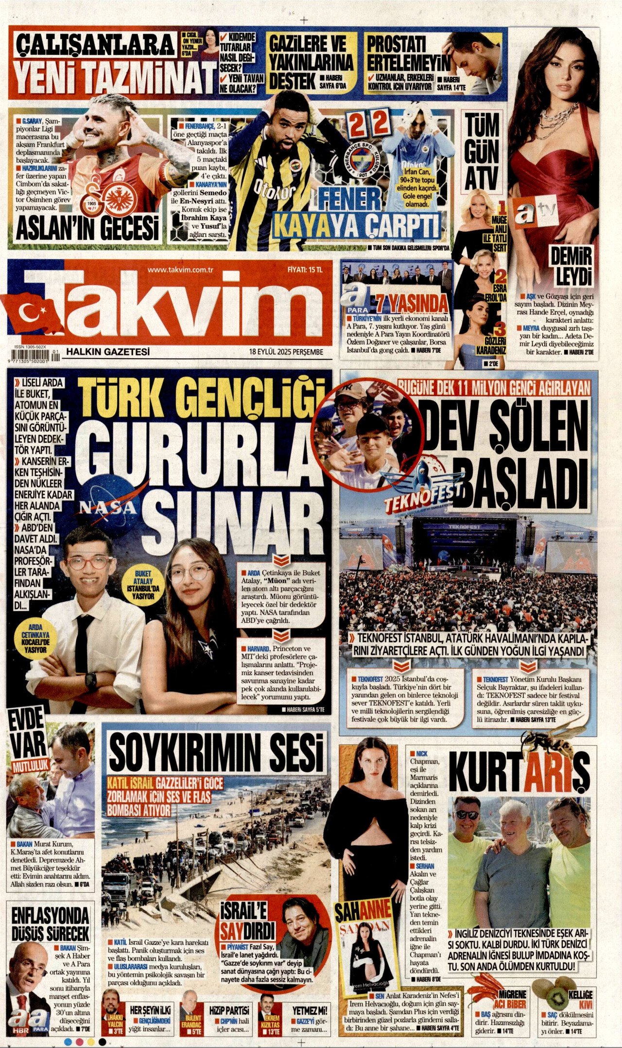 TAKVİM gazetesinin 18 Eylül 2025 tarihli birinci sayfası