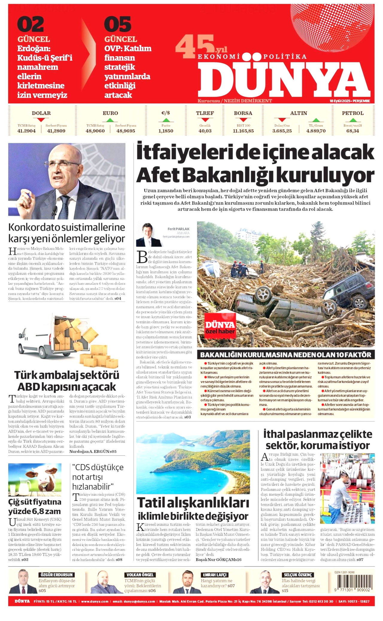 DÜNYA gazetesinin 18 Eylül 2025 tarihli birinci sayfası