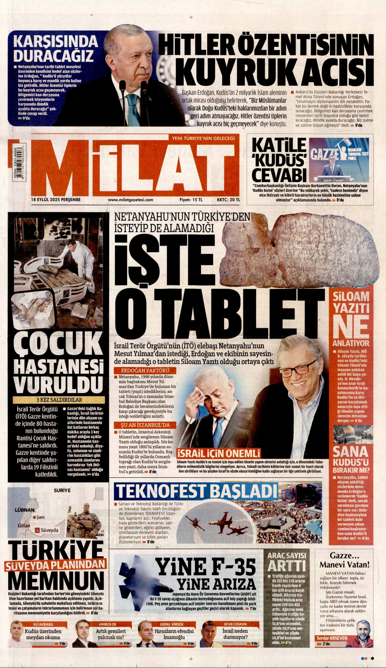 MİLAT gazetesinin 18 Eylül 2025 tarihli birinci sayfası