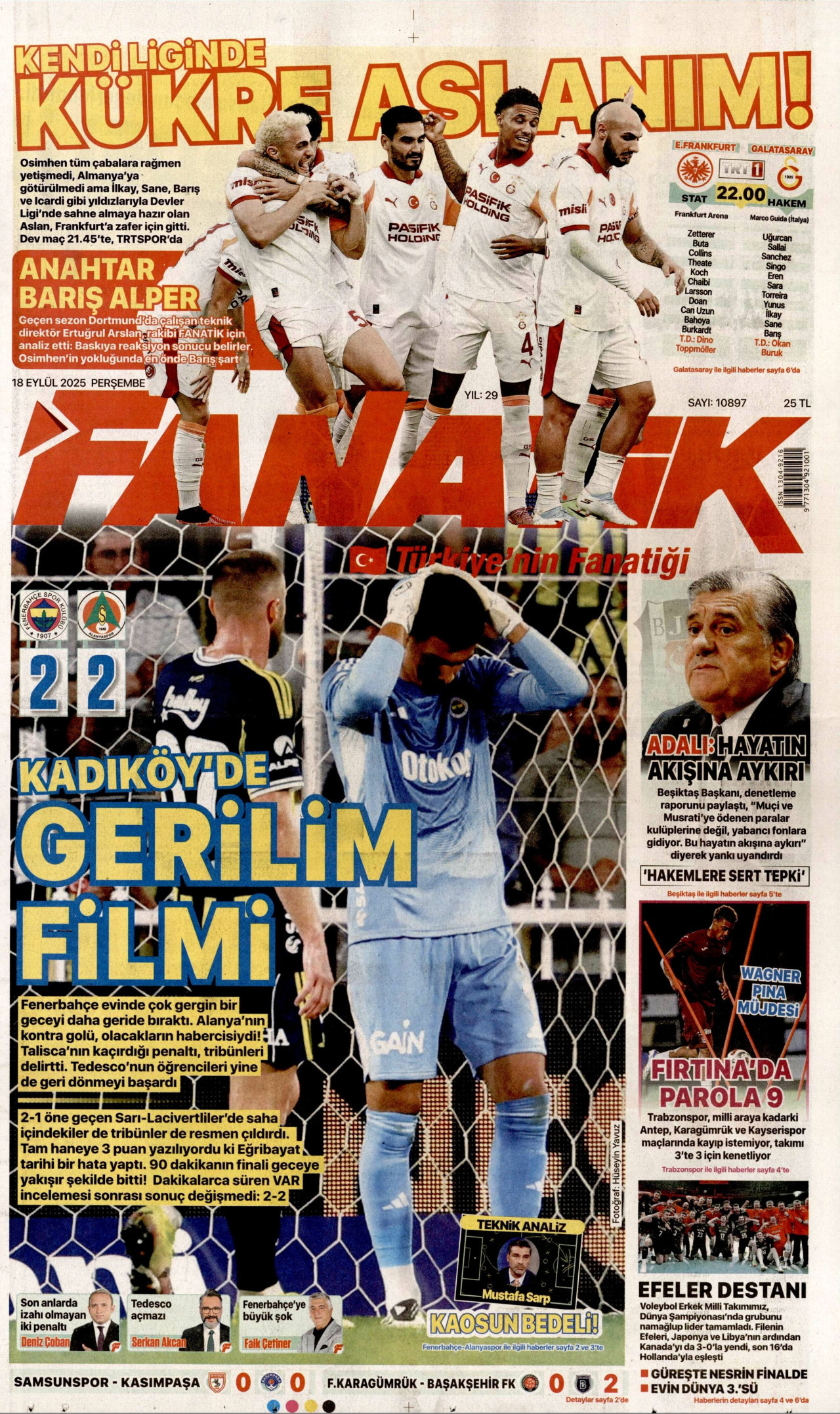 FANATİK gazetesinin 18 Eylül 2025 tarihli birinci sayfası