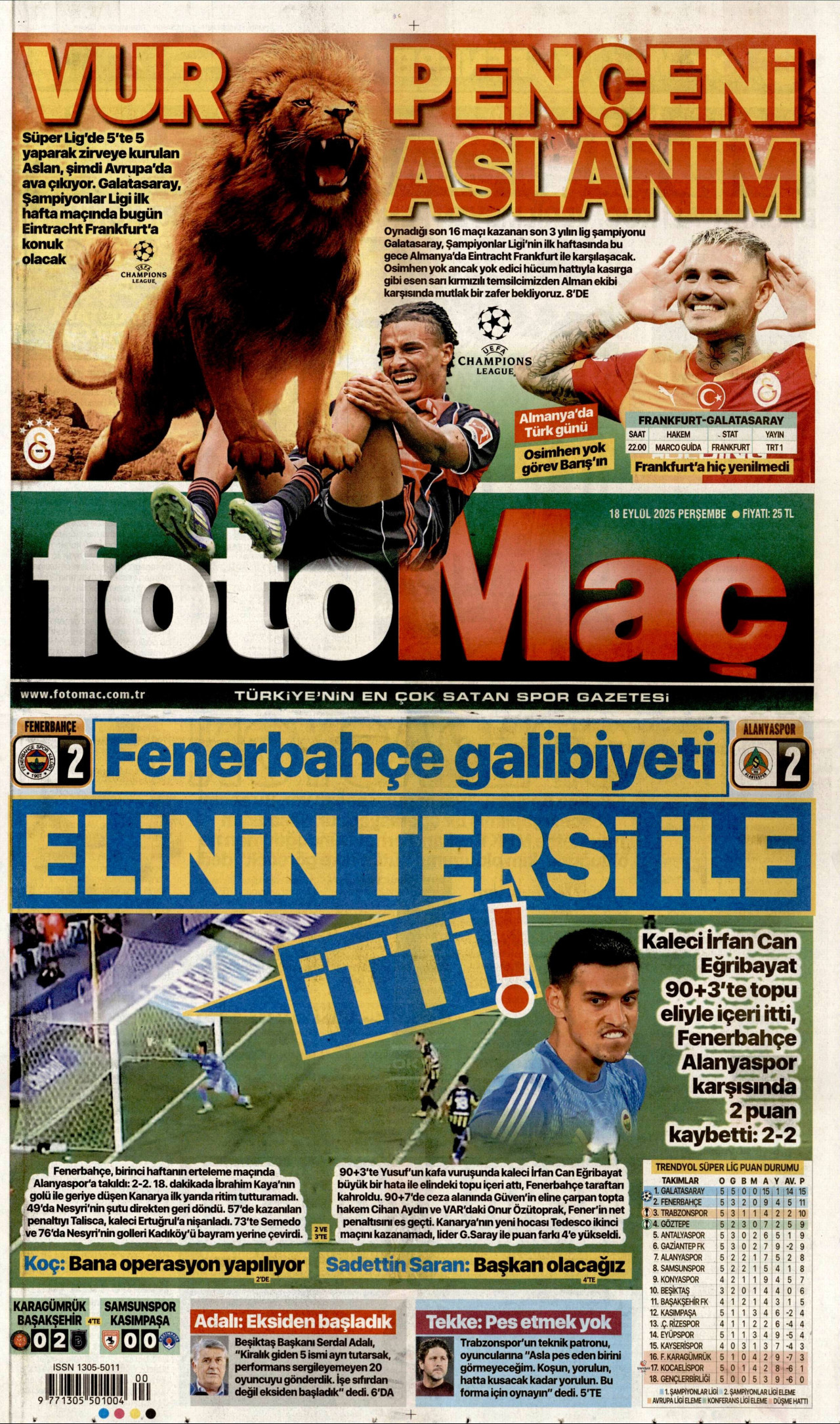FOTOMAÇ gazetesinin 18 Eylül 2025 tarihli birinci sayfası
