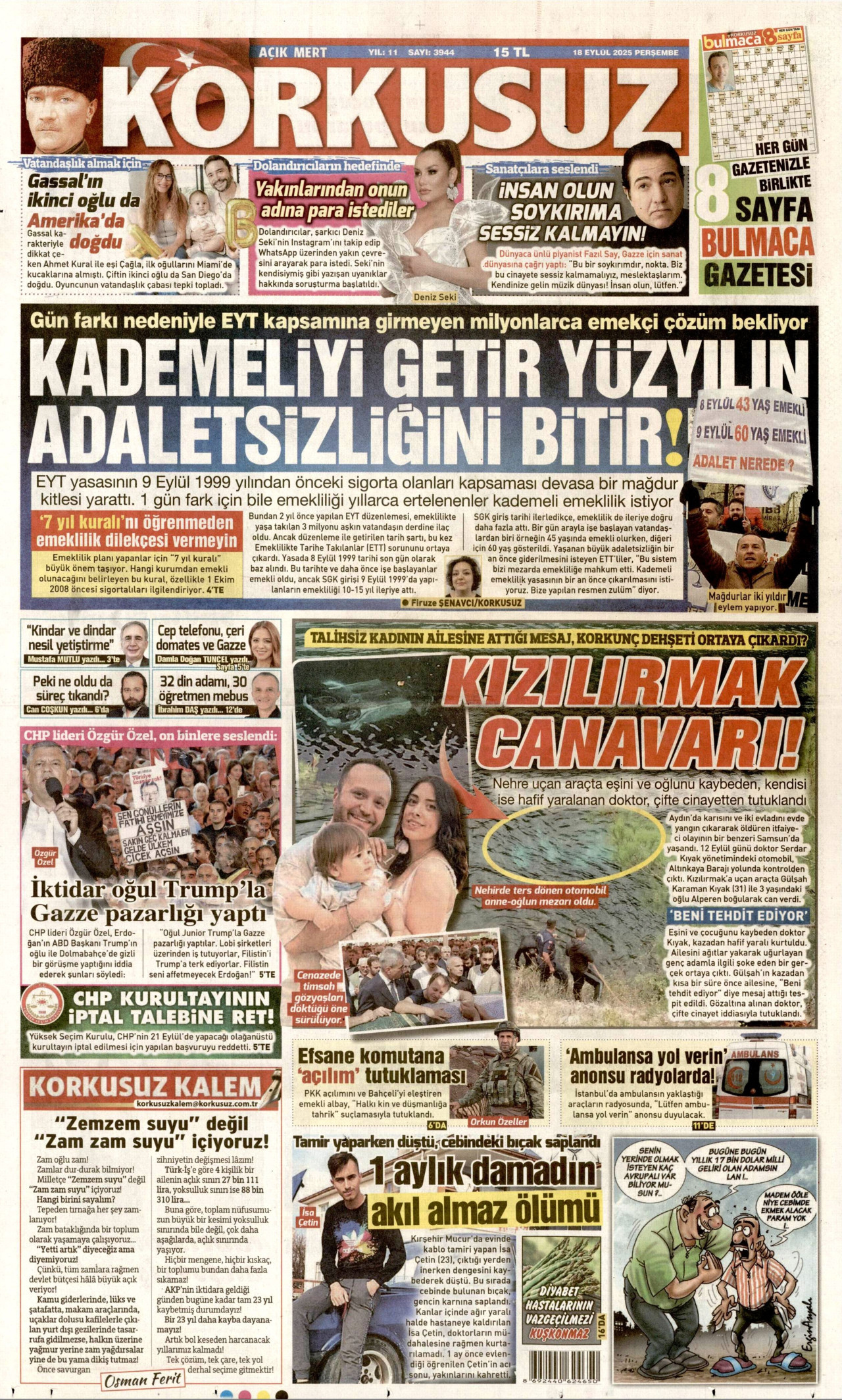 KORKUSUZ gazetesinin 18 Eylül 2025 tarihli birinci sayfası