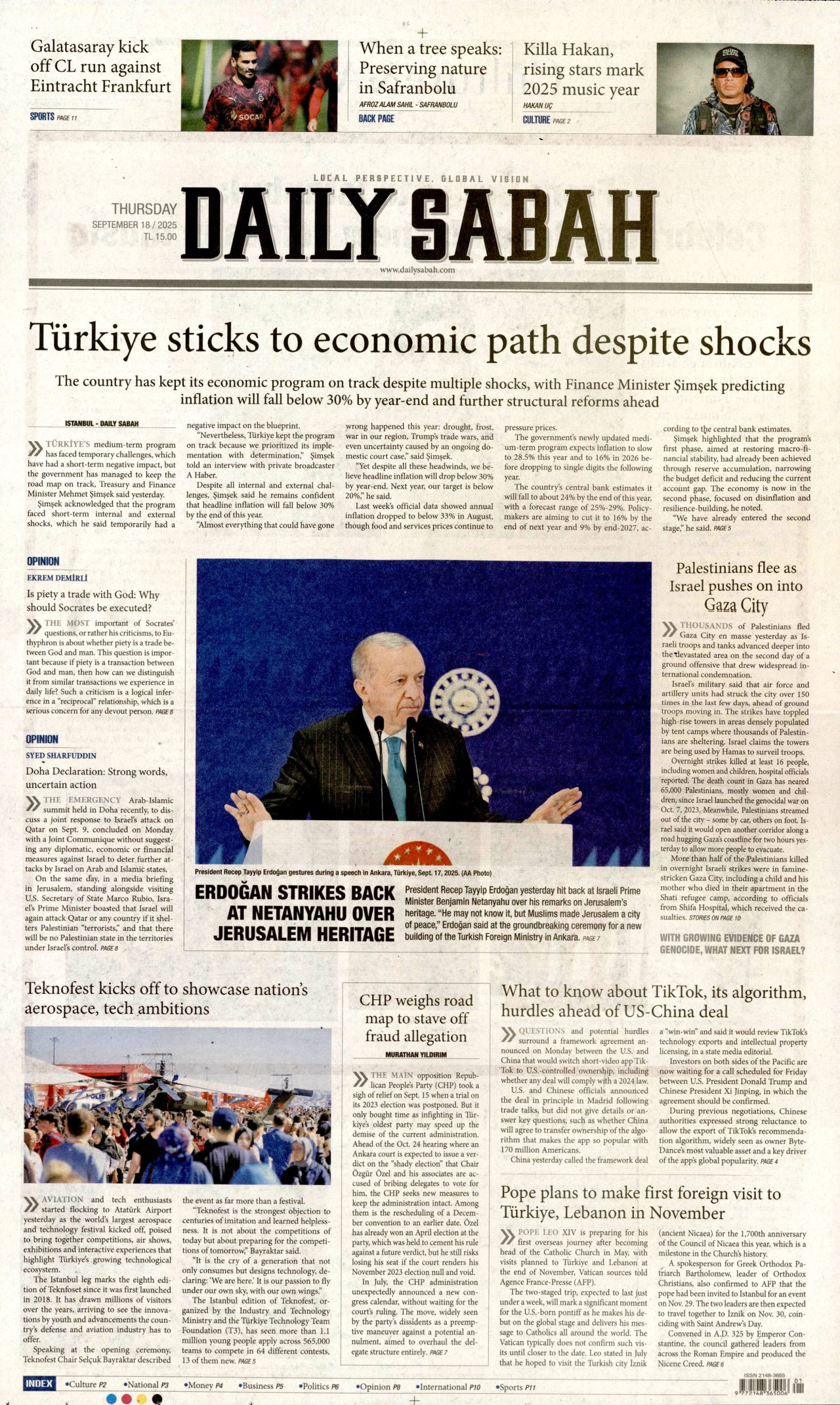 DAİLY SABAH gazetesinin 18 Eylül 2025 tarihli birinci sayfası