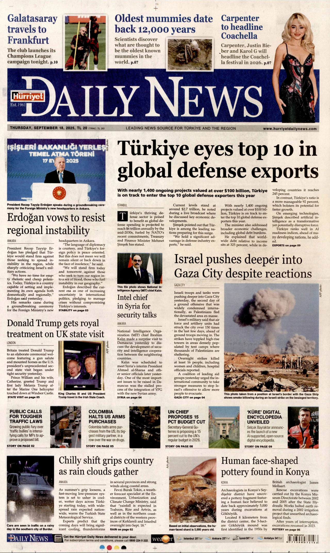 HÜRRİYET DAİLY NEWS gazetesinin 18 Eylül 2025 tarihli birinci sayfası