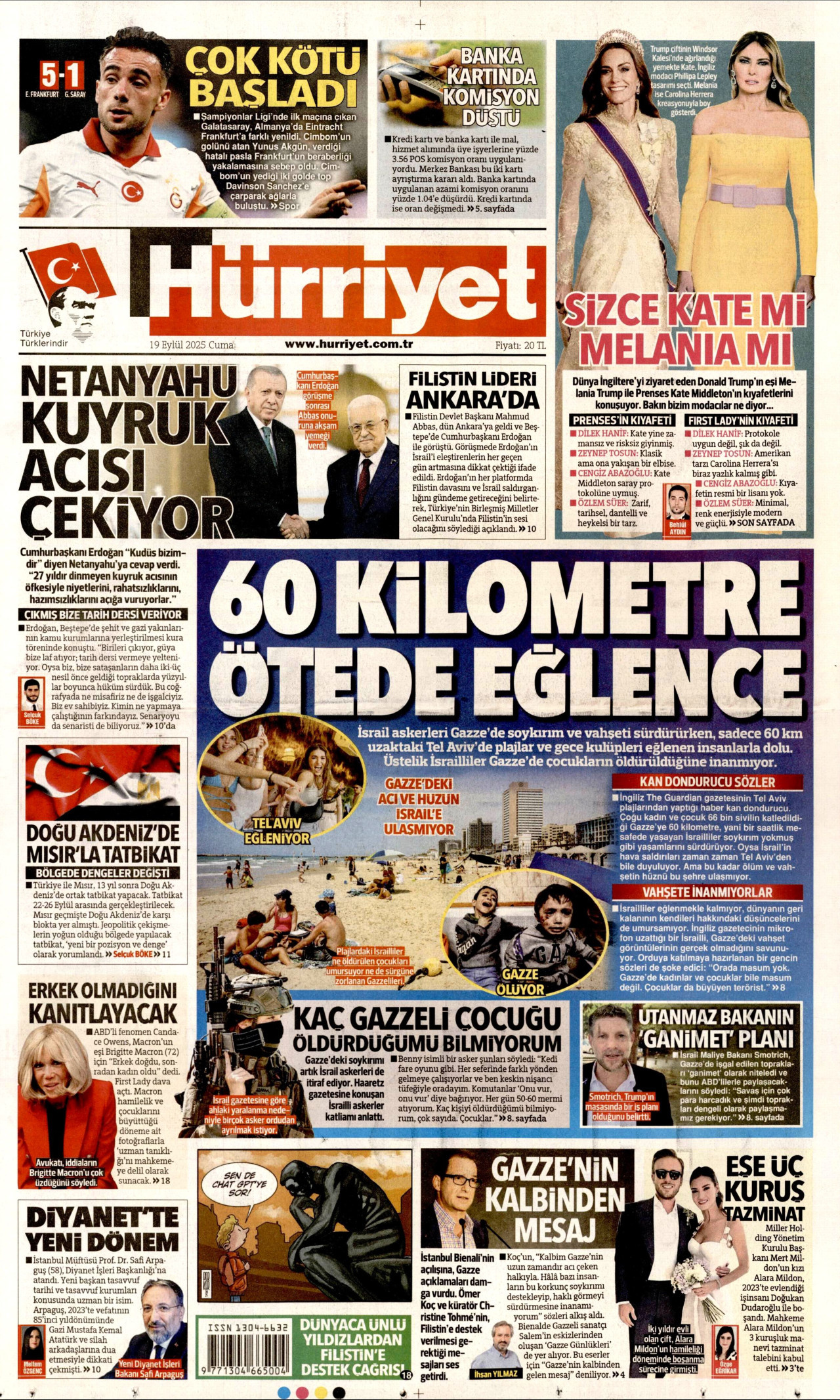 HÜRRİYET gazetesinin 19 Eylül 2025 tarihli birinci sayfası