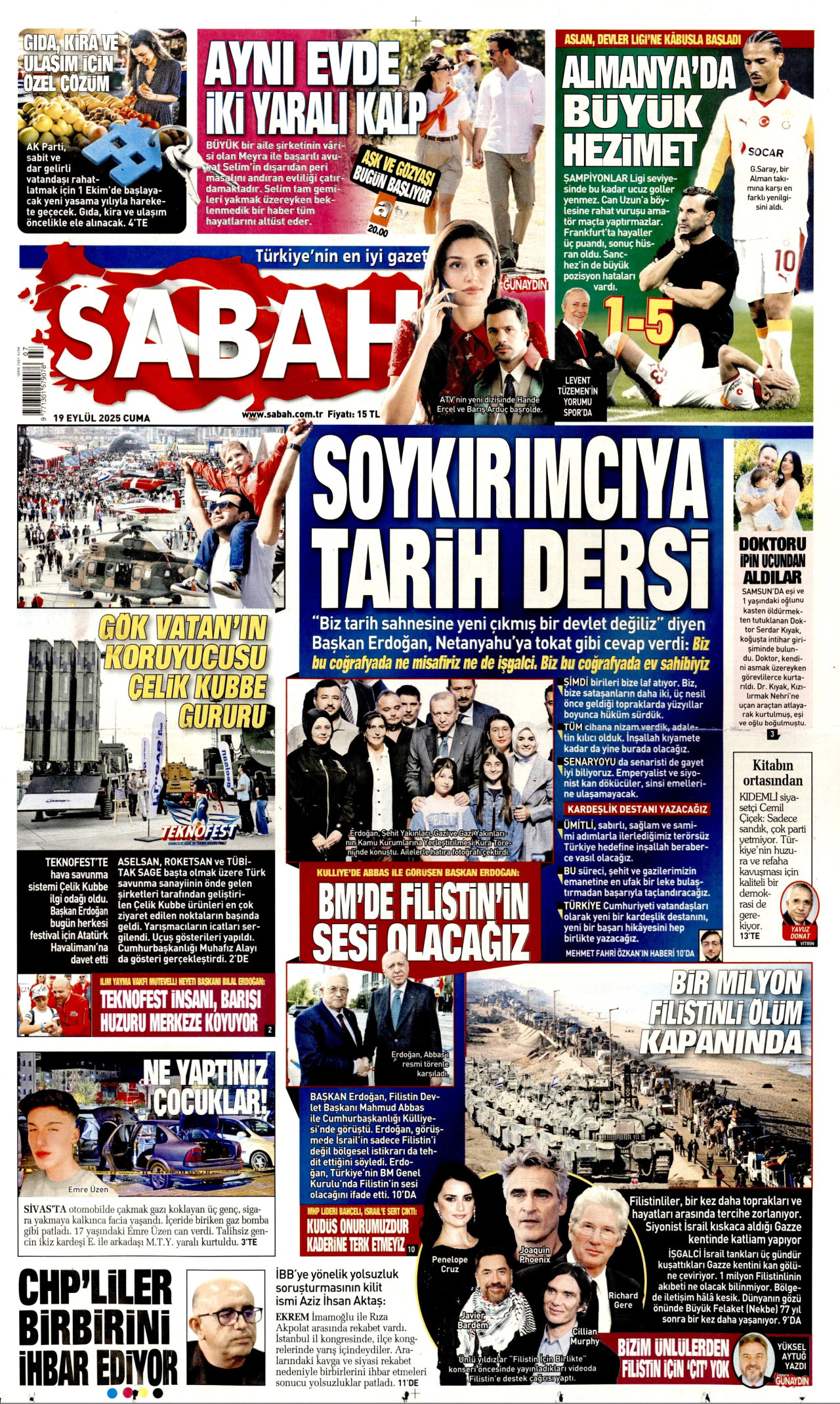 SABAH gazetesinin 19 Eylül 2025 tarihli birinci sayfası