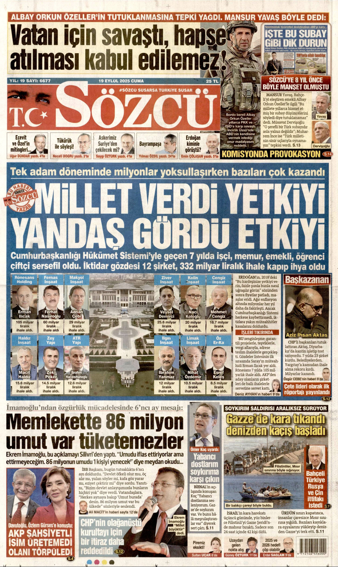 SÖZCÜ gazetesinin 19 Eylül 2025 tarihli birinci sayfası